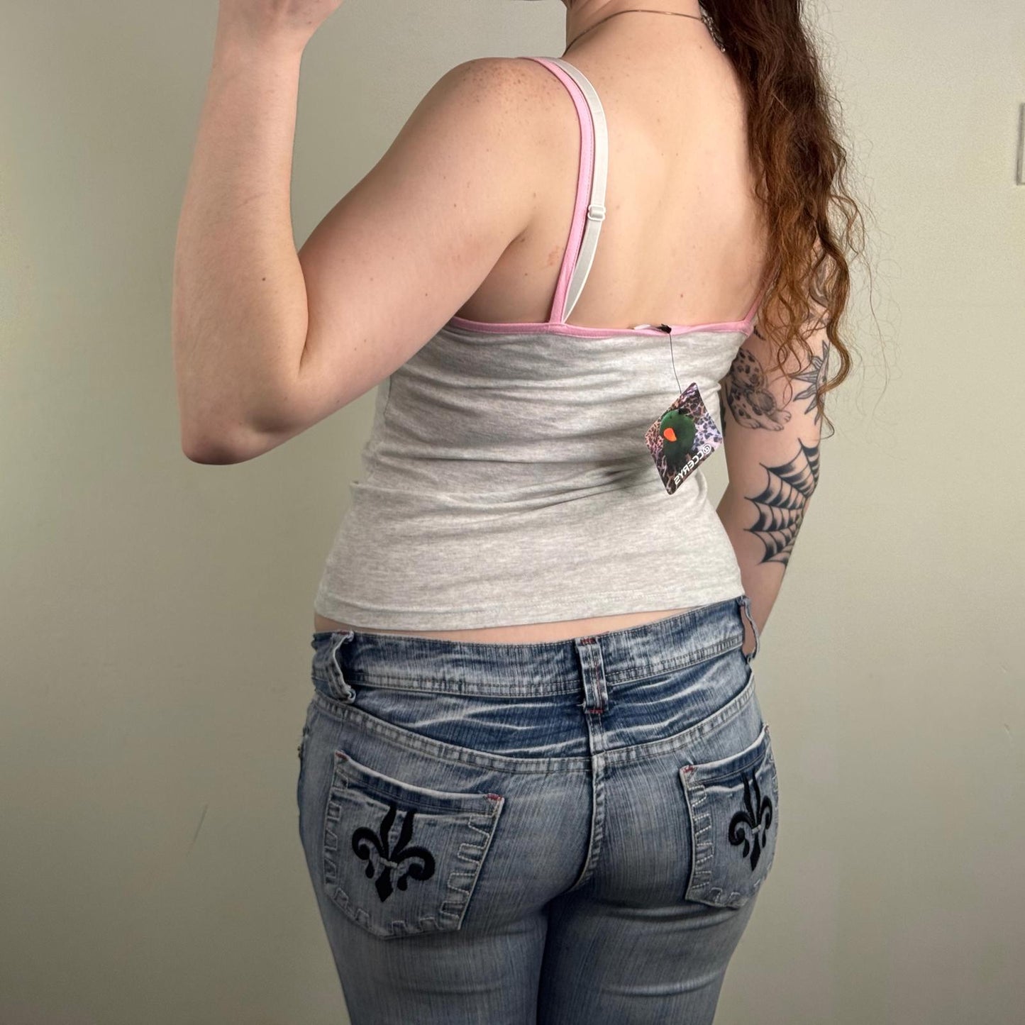 Y2K vintage cami top cream crackered slogan grey pink strappy fitted stretchy