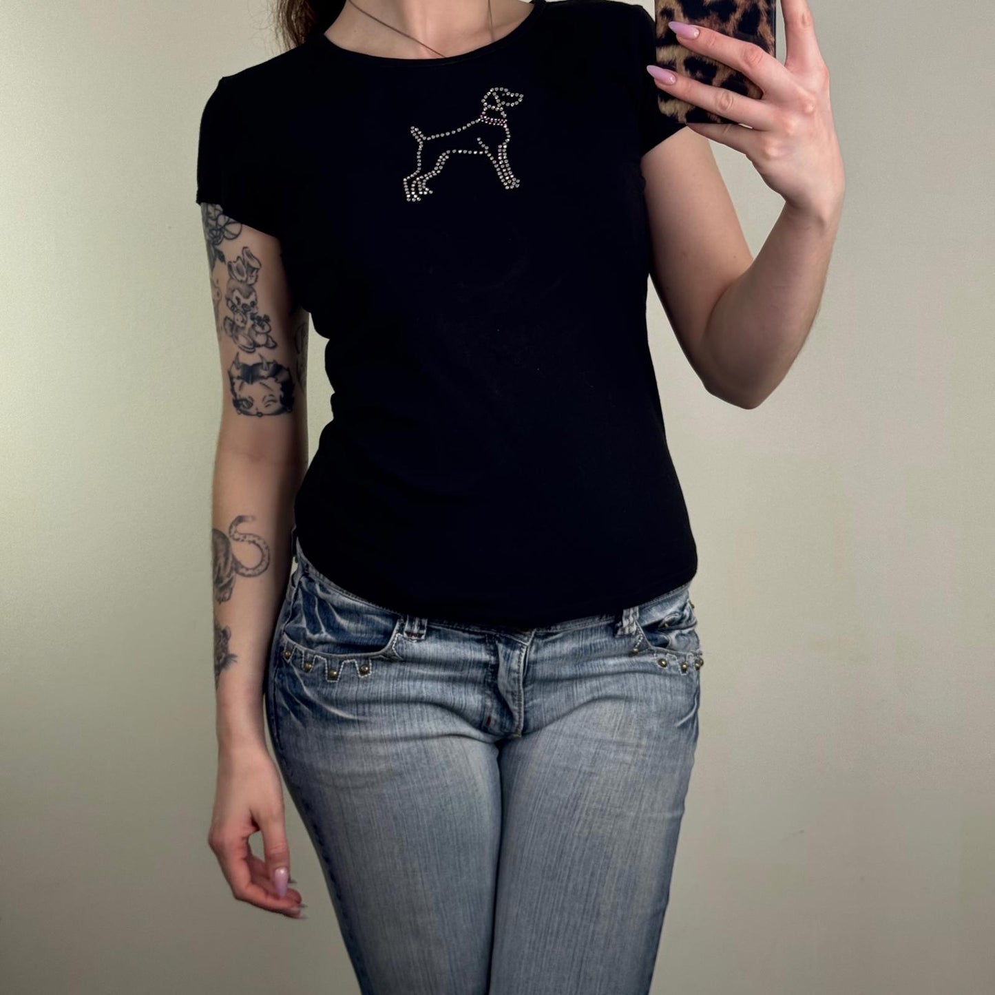 Y2K vintage dog t-shirt short sleeve top studded stretchy black