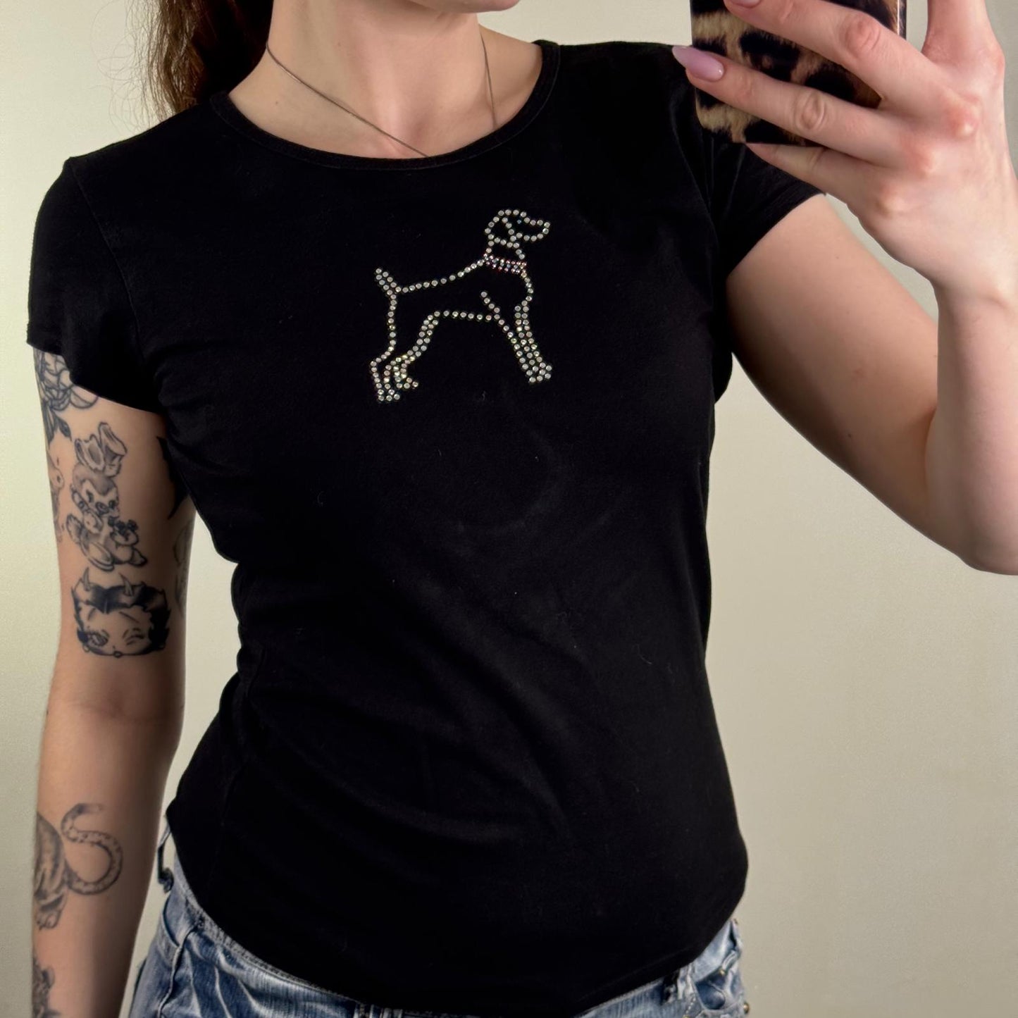 Y2K vintage dog t-shirt short sleeve top studded stretchy black