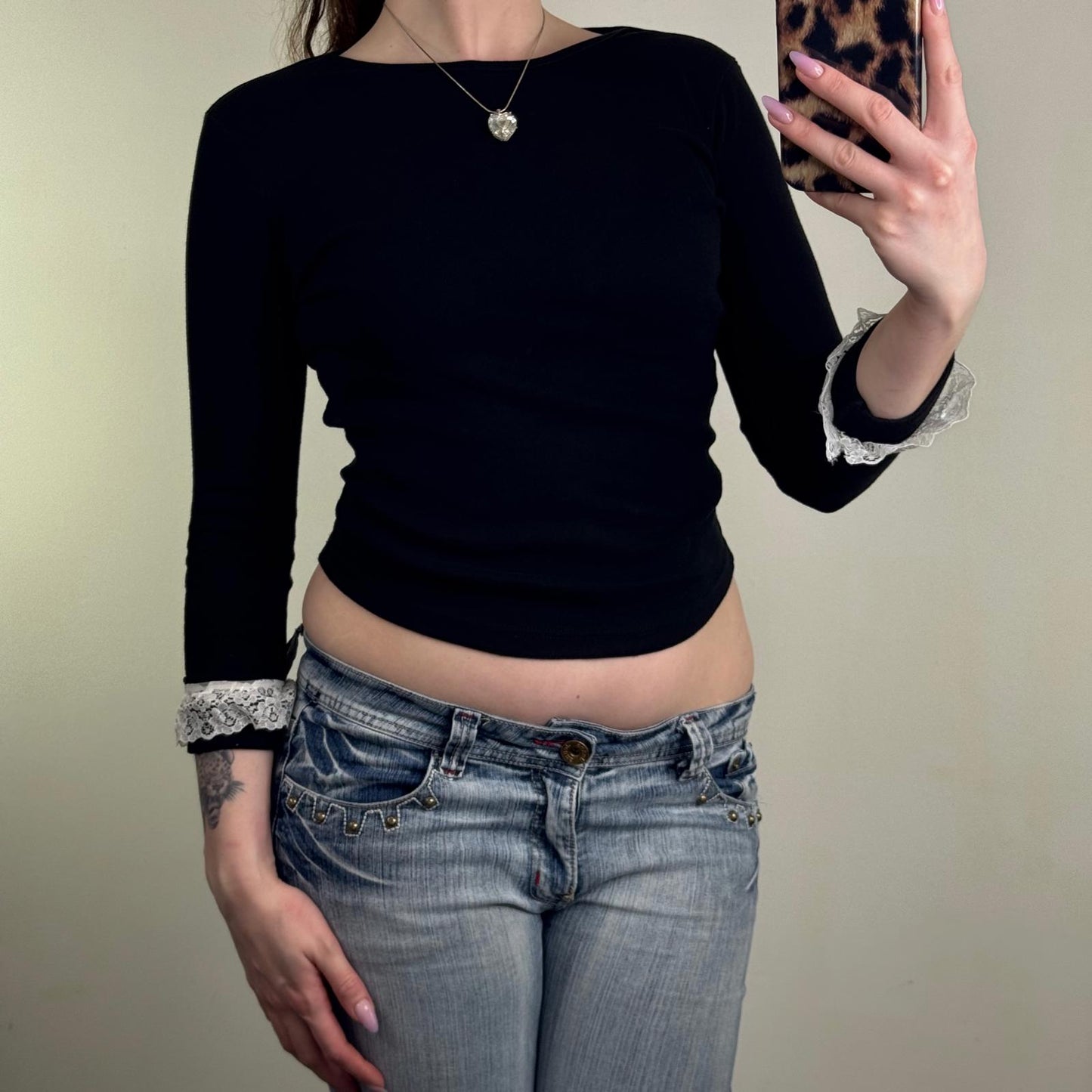 Y2K vintage 3/4 sleeve top frill hem fitted short crop coquette stretchy
