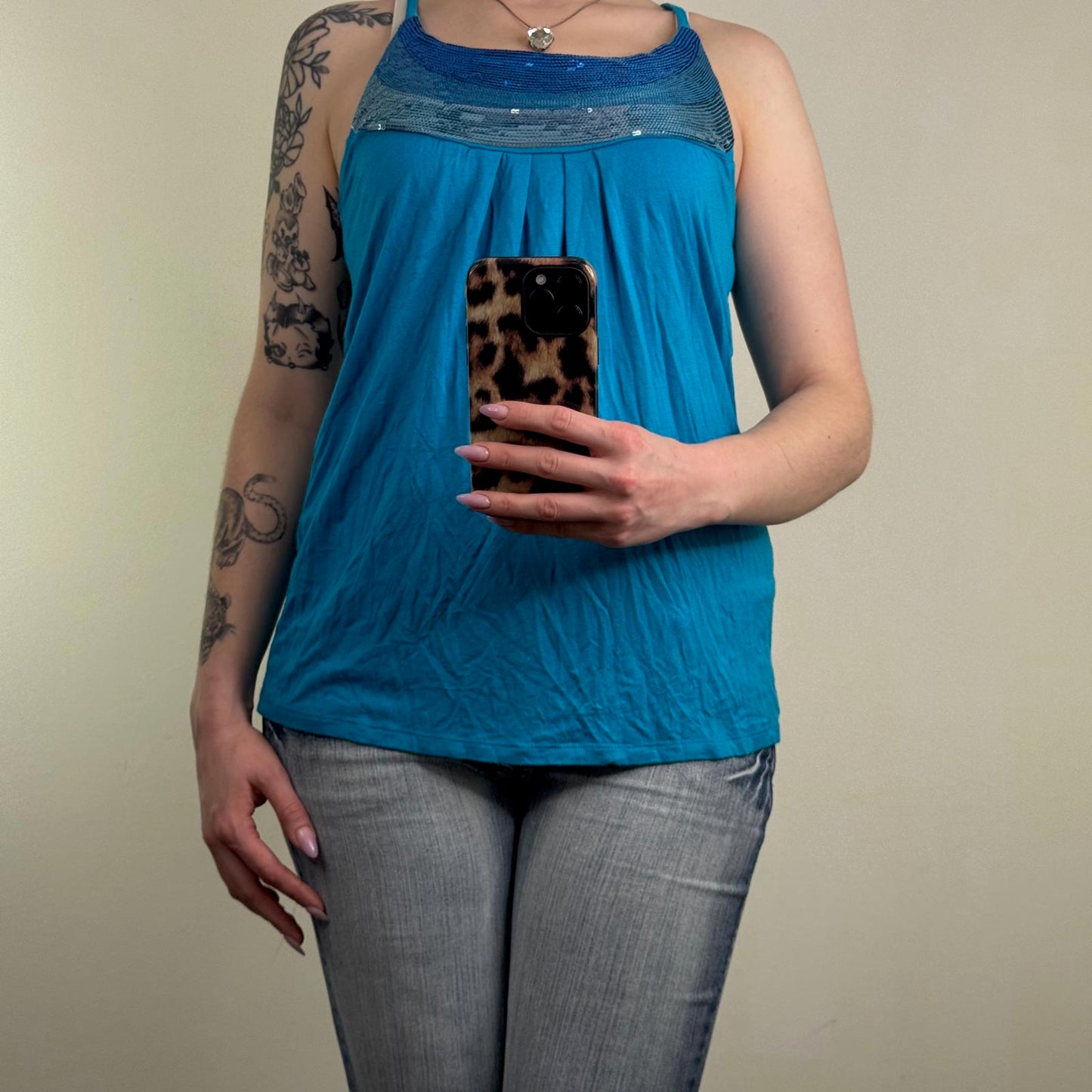 Y2K sequin cami top ruched racerback stretchy stripe party flowy blue