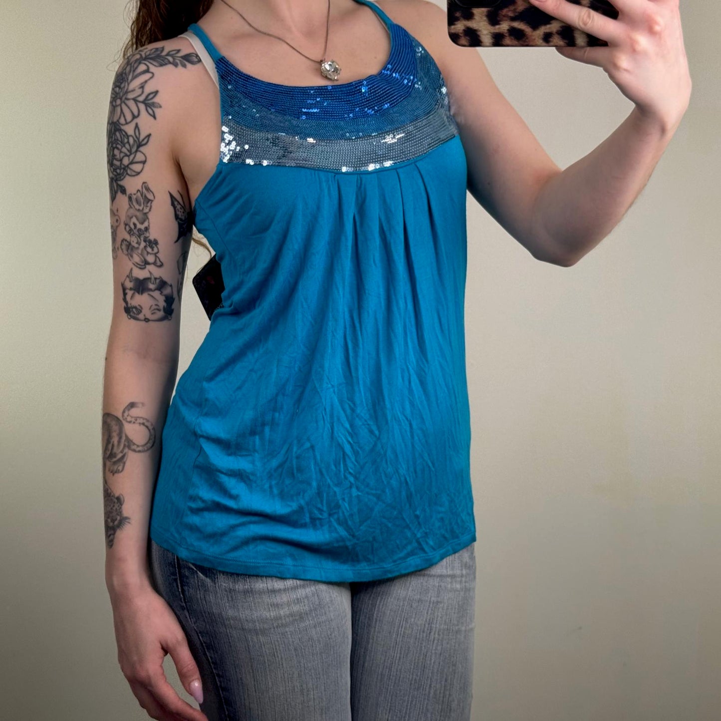Y2K sequin cami top ruched racerback stretchy stripe party flowy blue