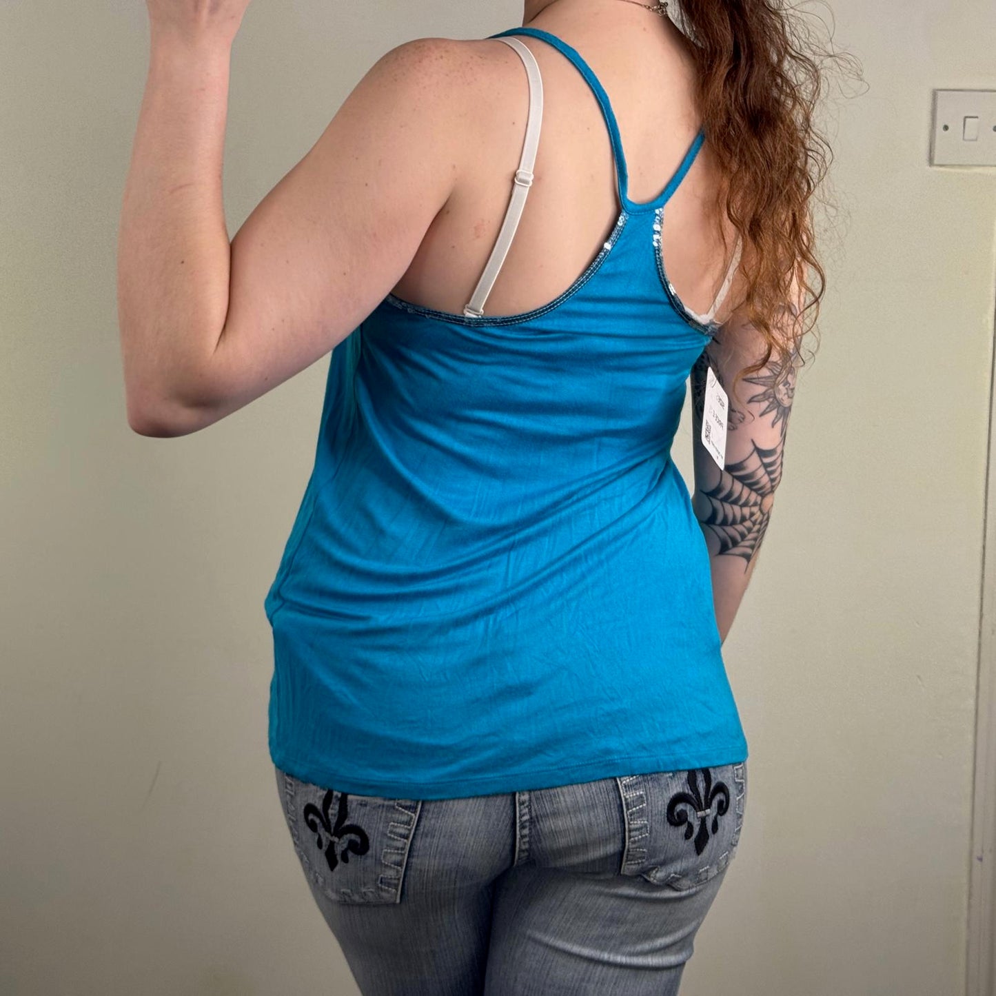 Y2K sequin cami top ruched racerback stretchy stripe party flowy blue