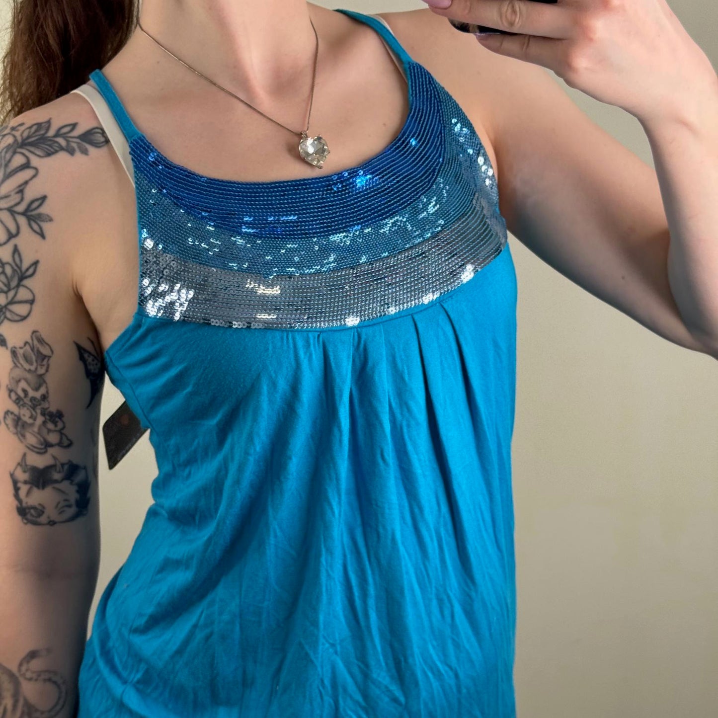 Y2K sequin cami top ruched racerback stretchy stripe party flowy blue