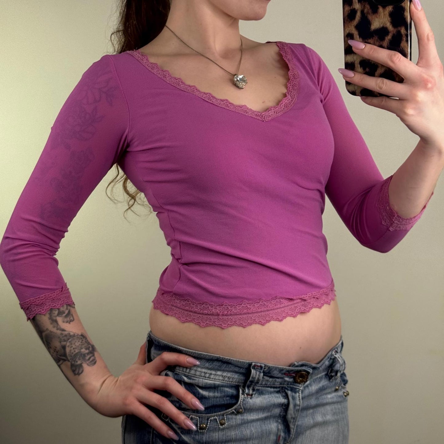 Y2K vintage Morgan de Toi mesh 3/4 sleeve top sheer cropped v neck stretchy
