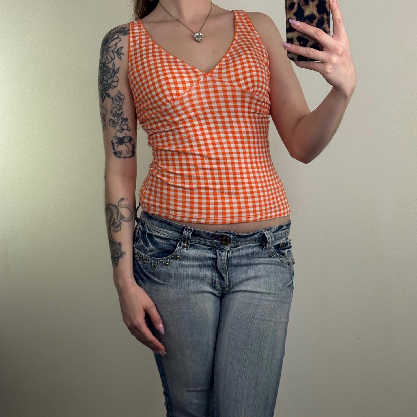 Y2K vintage tank top check print gingham fitted stretchy v neck orange white