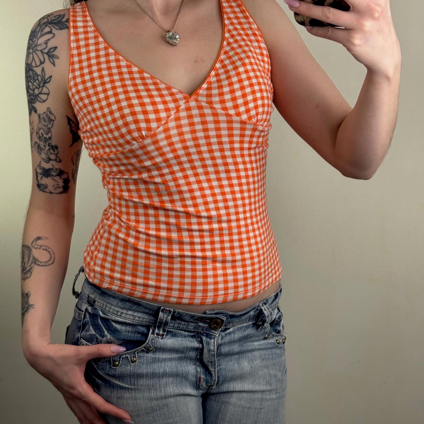 Y2K vintage tank top check print gingham fitted stretchy v neck orange white