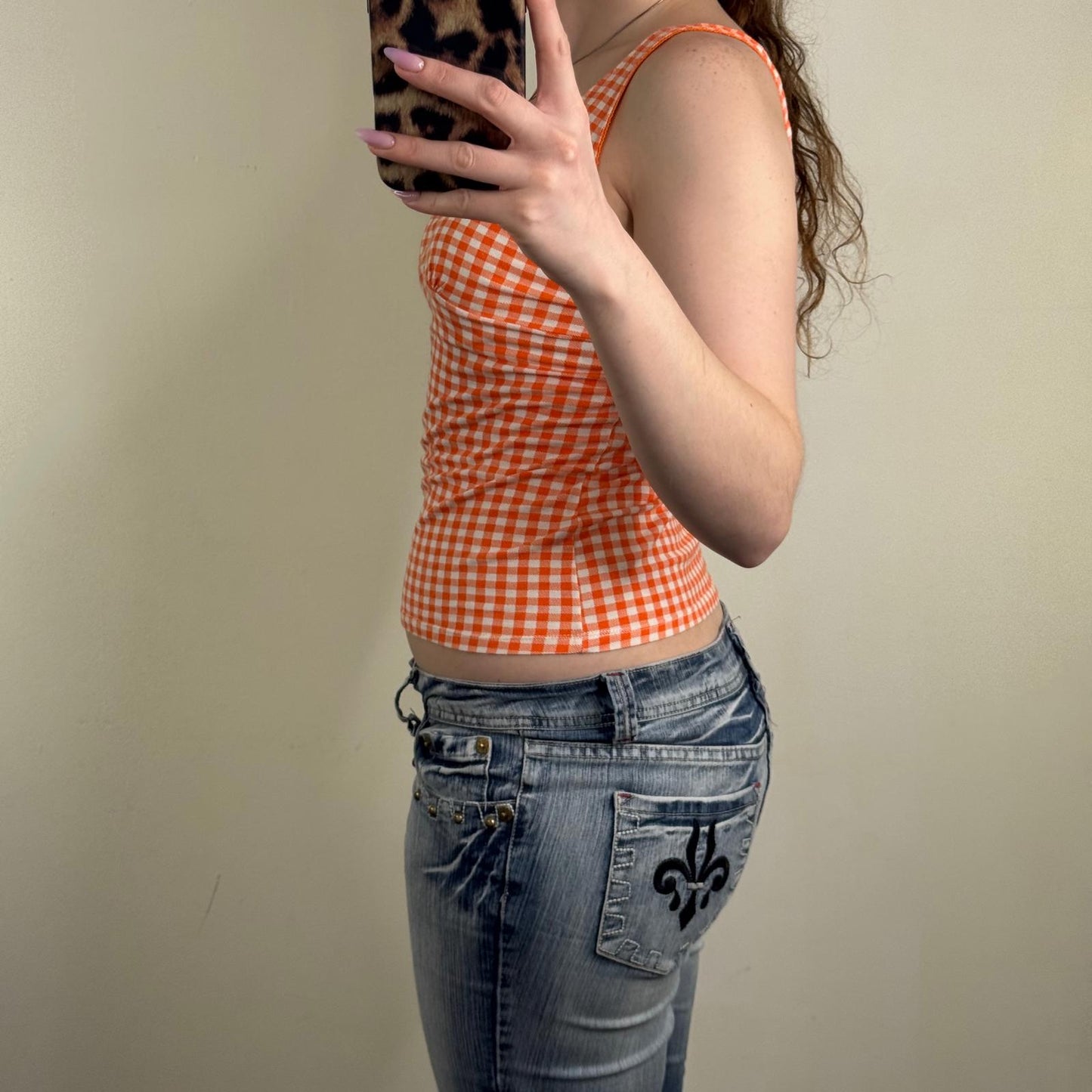 Y2K vintage tank top check print gingham fitted stretchy v neck orange white