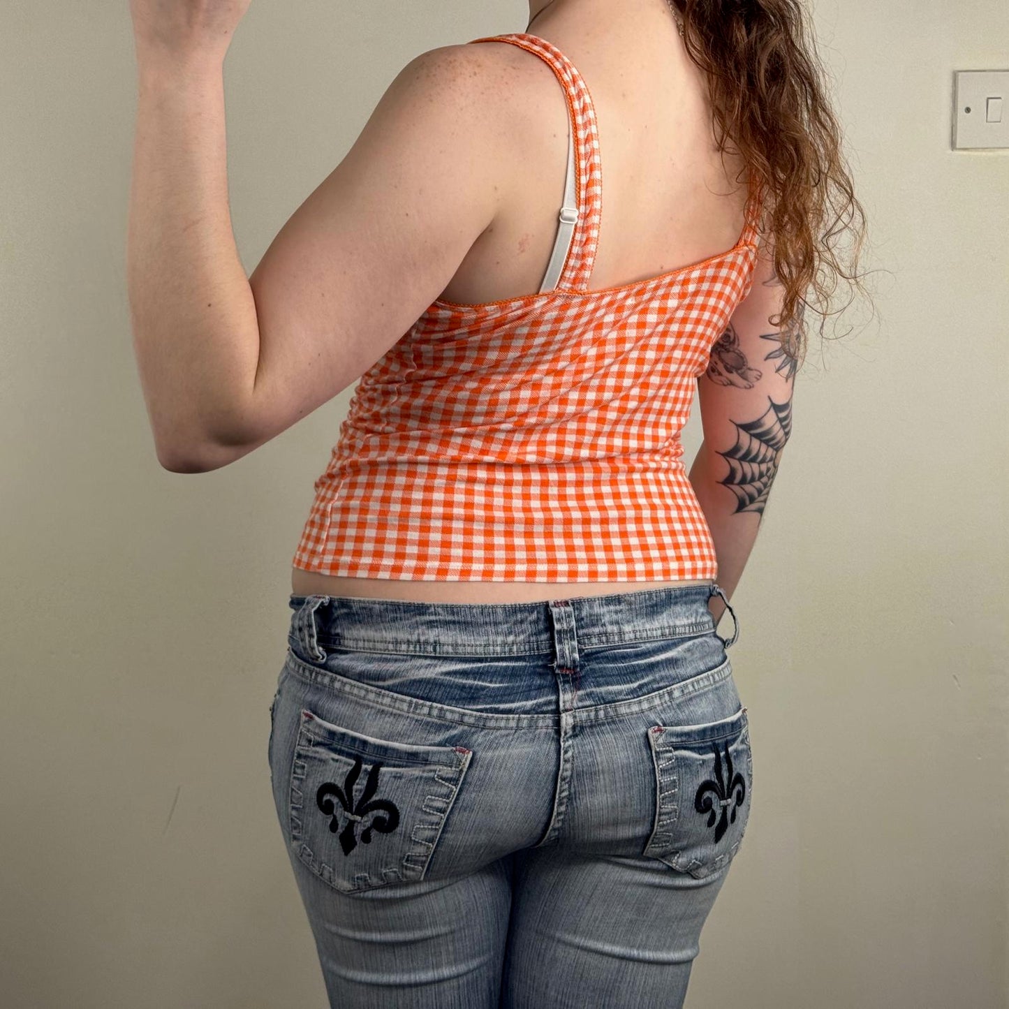 Y2K vintage tank top check print gingham fitted stretchy v neck orange white