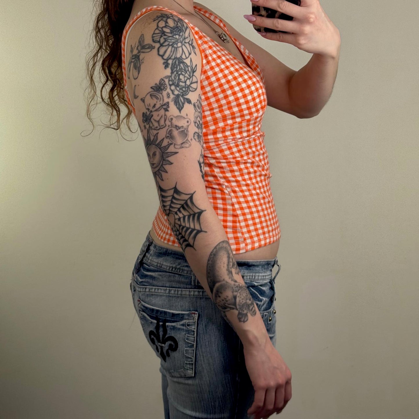 Y2K vintage tank top check print gingham fitted stretchy v neck orange white