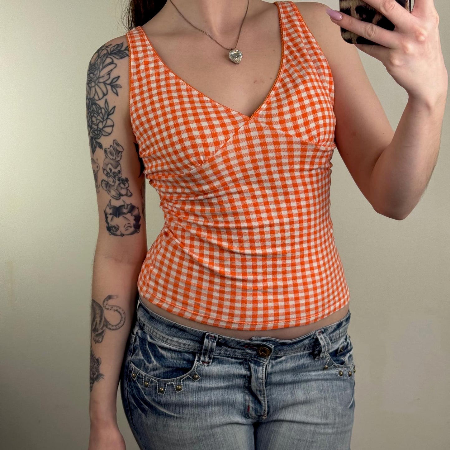 Y2K vintage tank top check print gingham fitted stretchy v neck orange white
