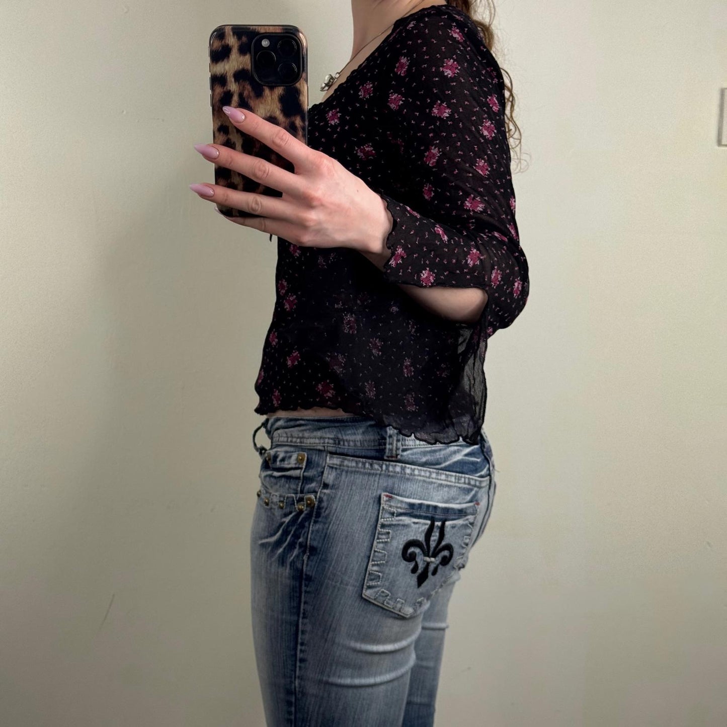 Y2K vintage long sleeve top double mesh flare v neck lace trim ditsy floral
