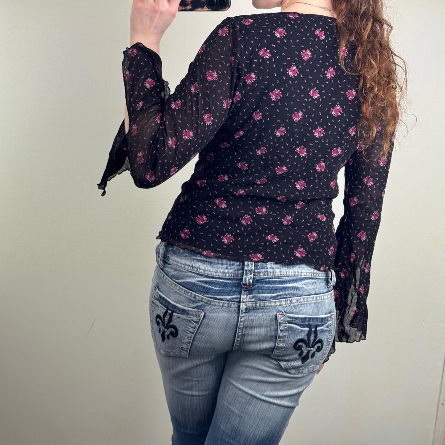 Y2K vintage long sleeve top double mesh flare v neck lace trim ditsy floral