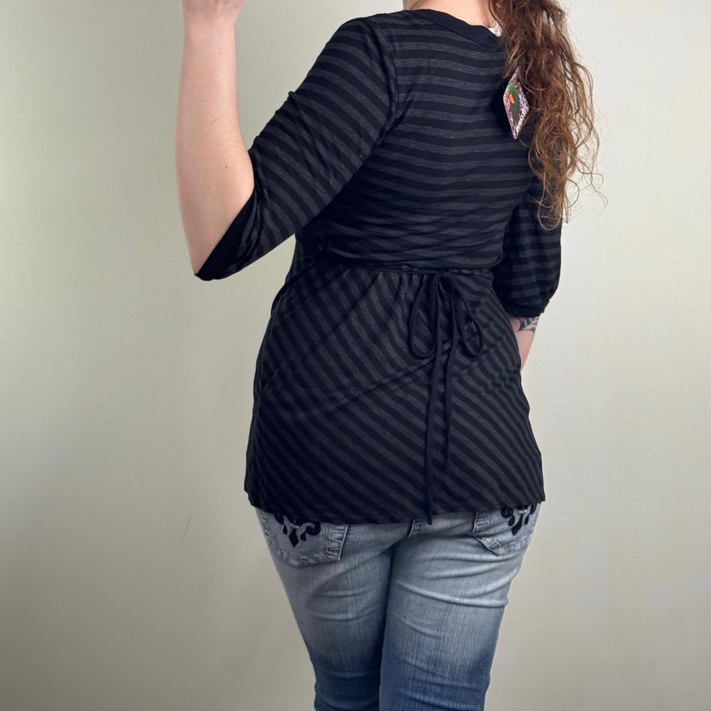 Y2K vintage stripe 3/4 sleeve top adjustable bow buckle deep neck longline
