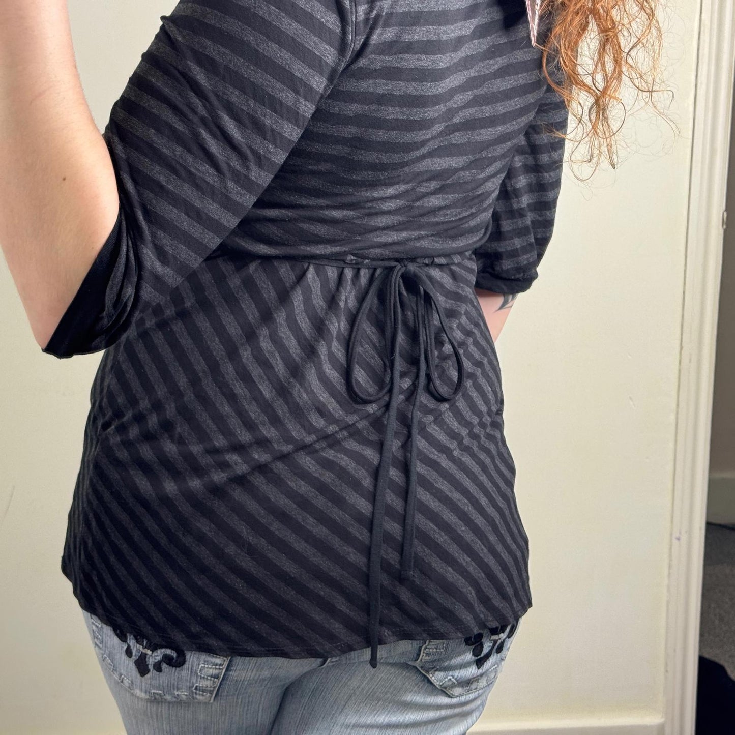 Y2K vintage stripe 3/4 sleeve top adjustable bow buckle deep neck longline