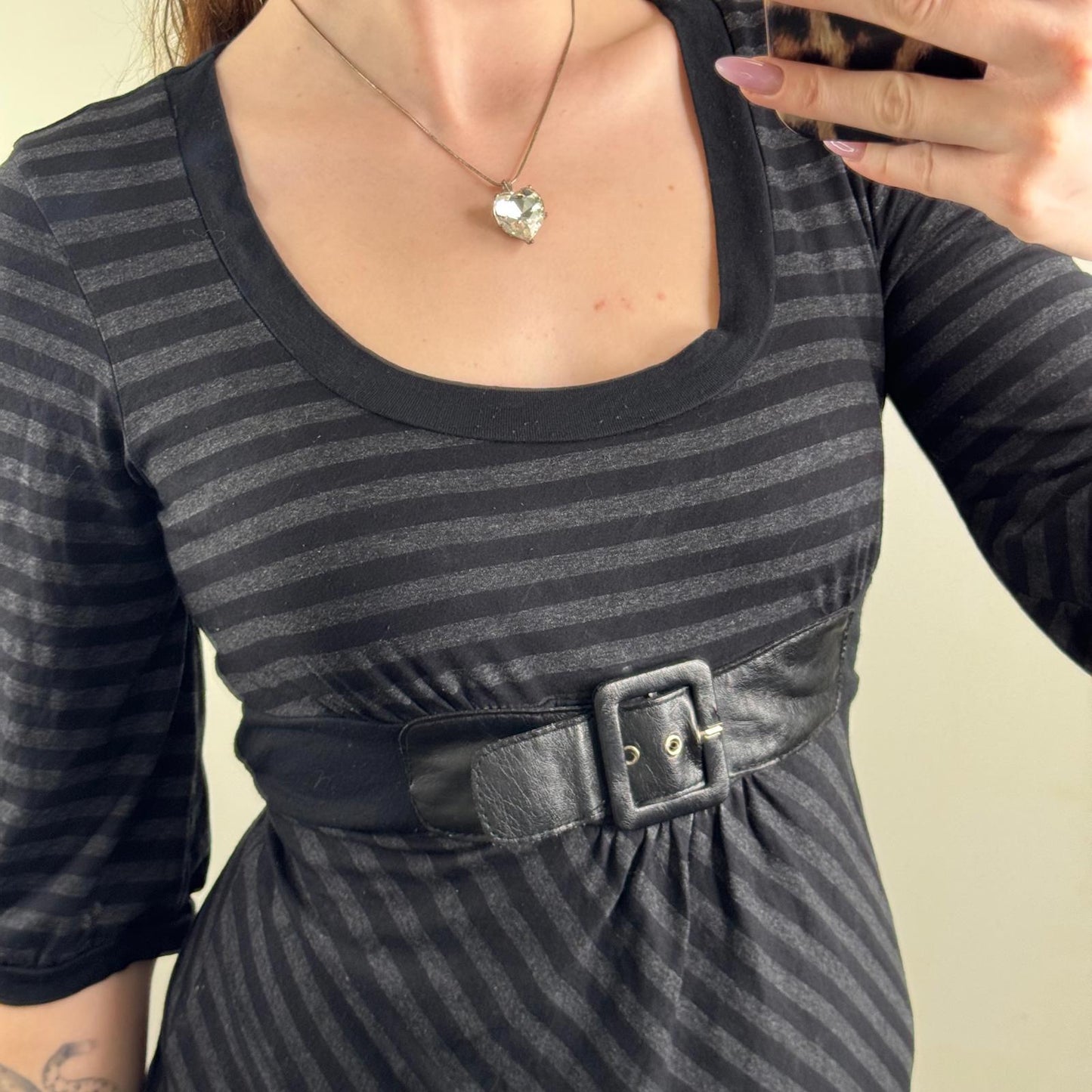 Y2K vintage stripe 3/4 sleeve top adjustable bow buckle deep neck longline