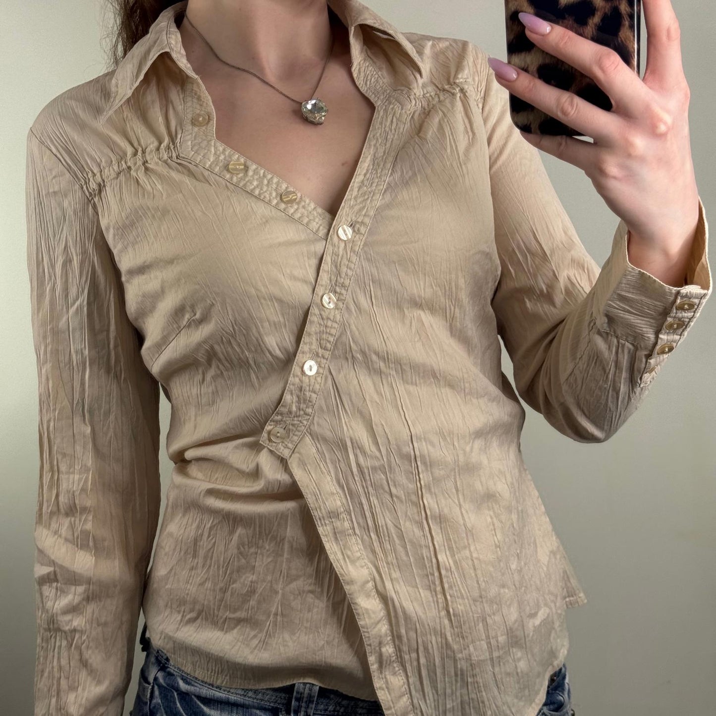 Y2K vintage blouse asymmetrical stretchy v neck ruched fitted shirt long sleeve