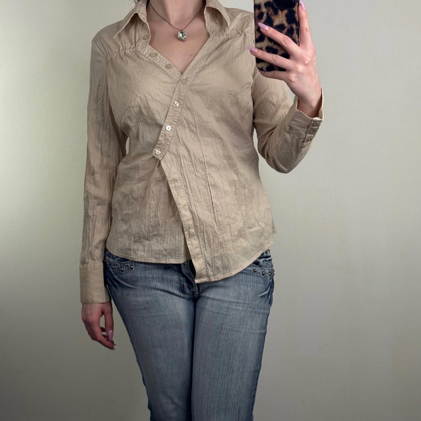 Y2K vintage blouse asymmetrical stretchy v neck ruched fitted shirt long sleeve