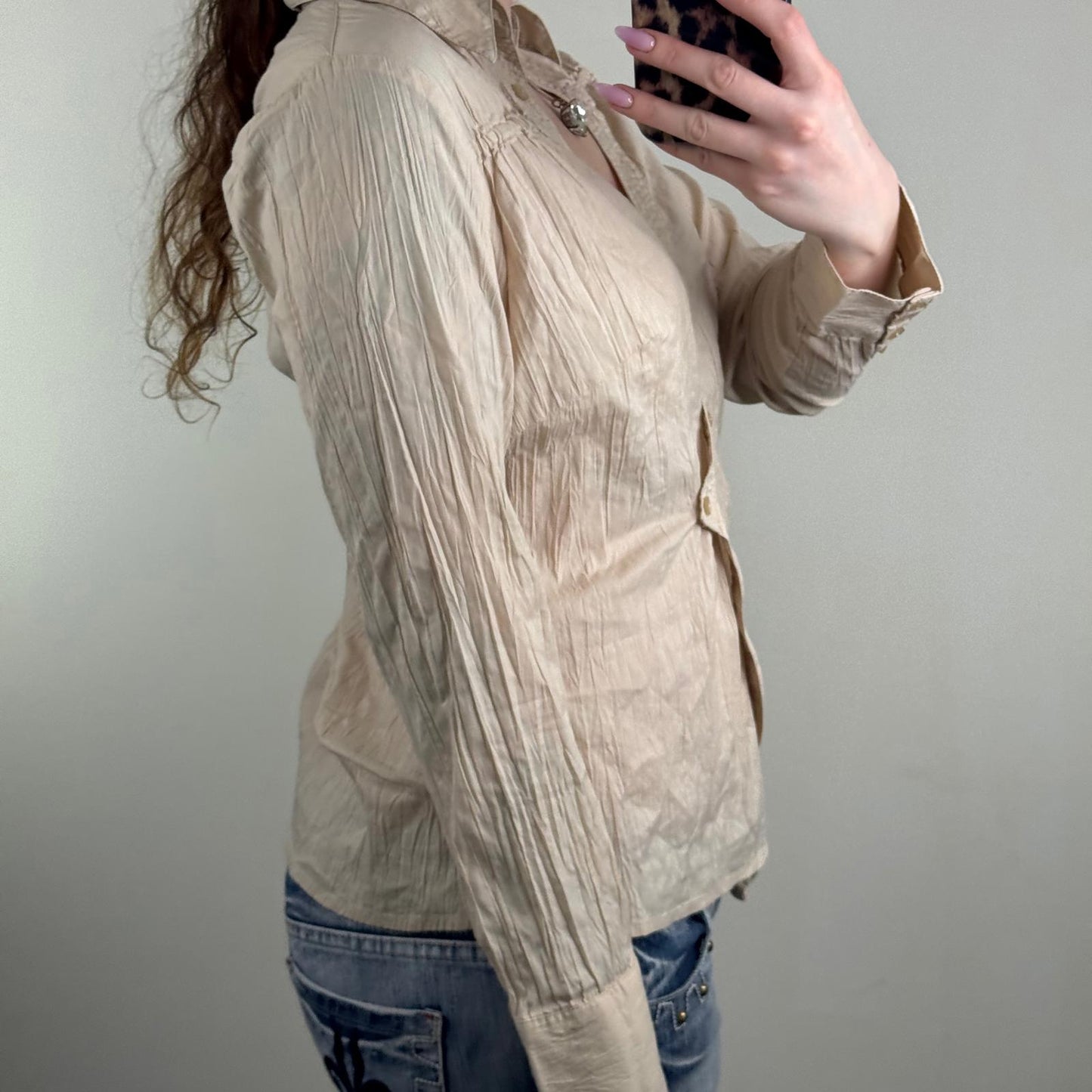 Y2K vintage blouse asymmetrical stretchy v neck ruched fitted shirt long sleeve