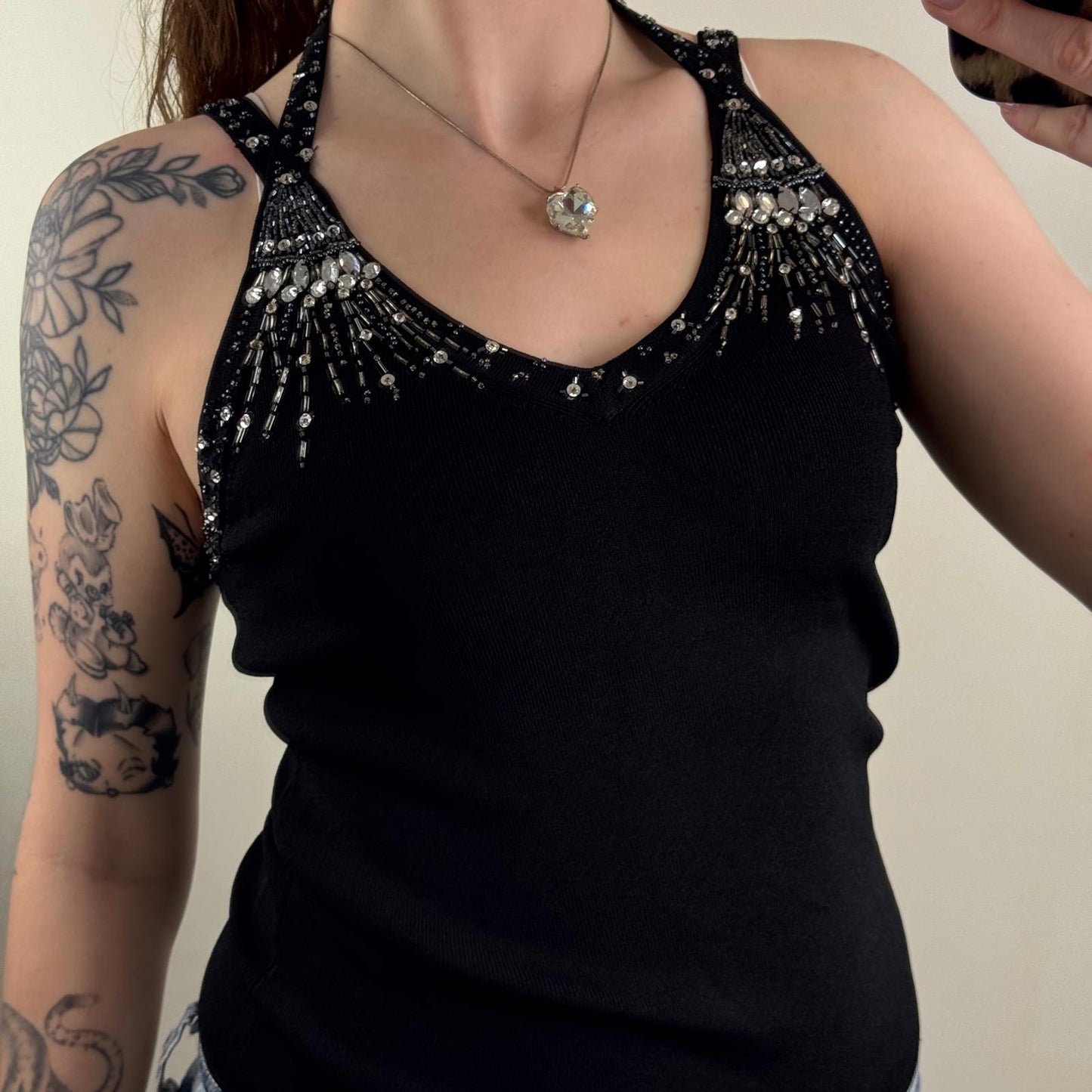 Y2K vintage tank top sequin beaded fine knit stretchy fitted v neck rhinestones