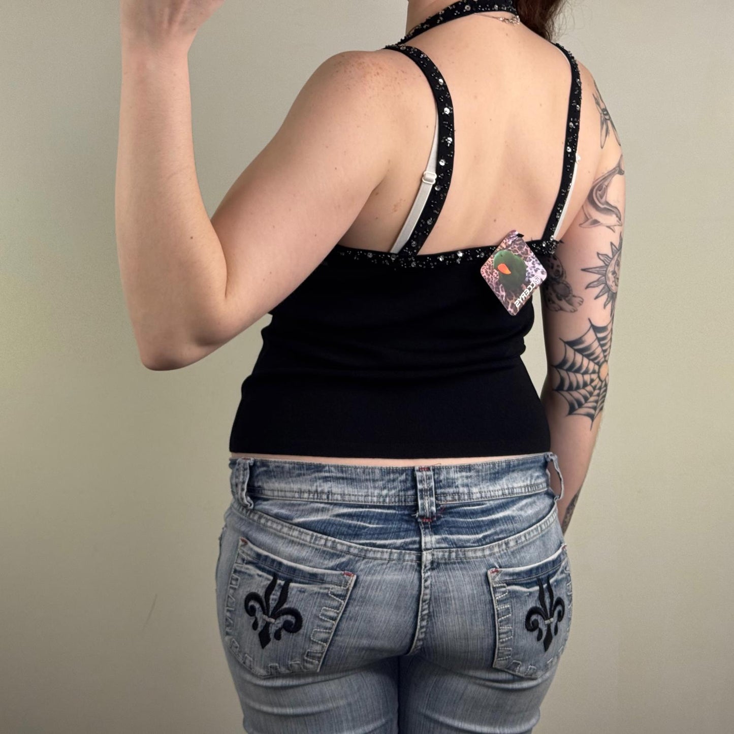 Y2K vintage tank top sequin beaded fine knit stretchy fitted v neck rhinestones