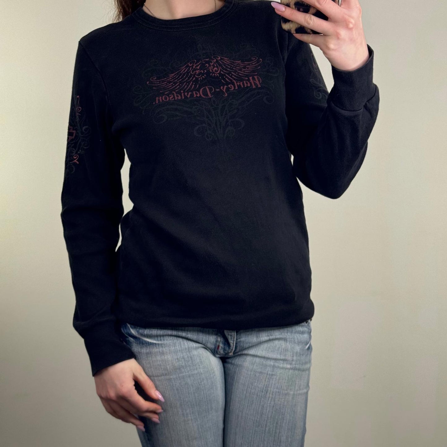 Y2K vintage Harley Davidson long sleeve top filigree tribal wings graphic print