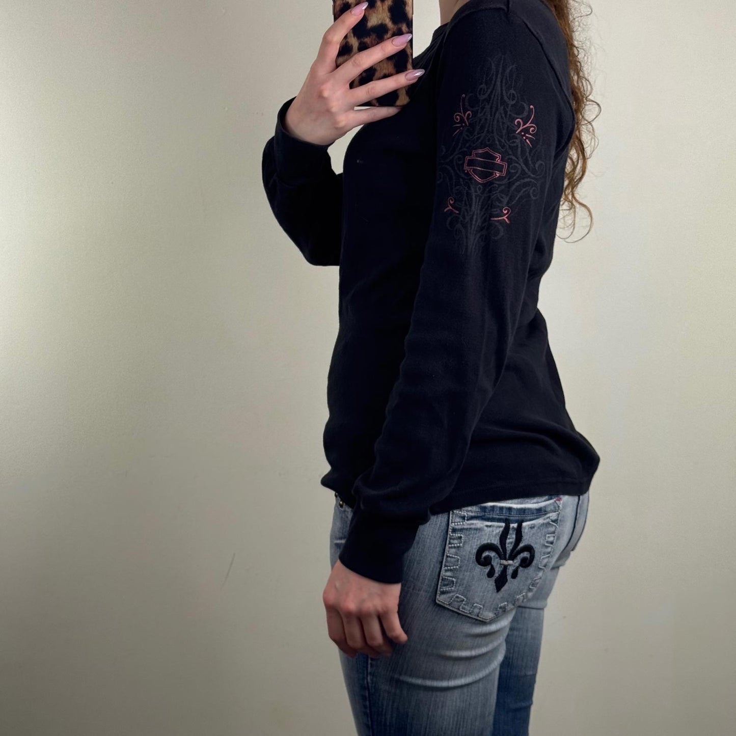 Y2K vintage Harley Davidson long sleeve top filigree tribal wings graphic print