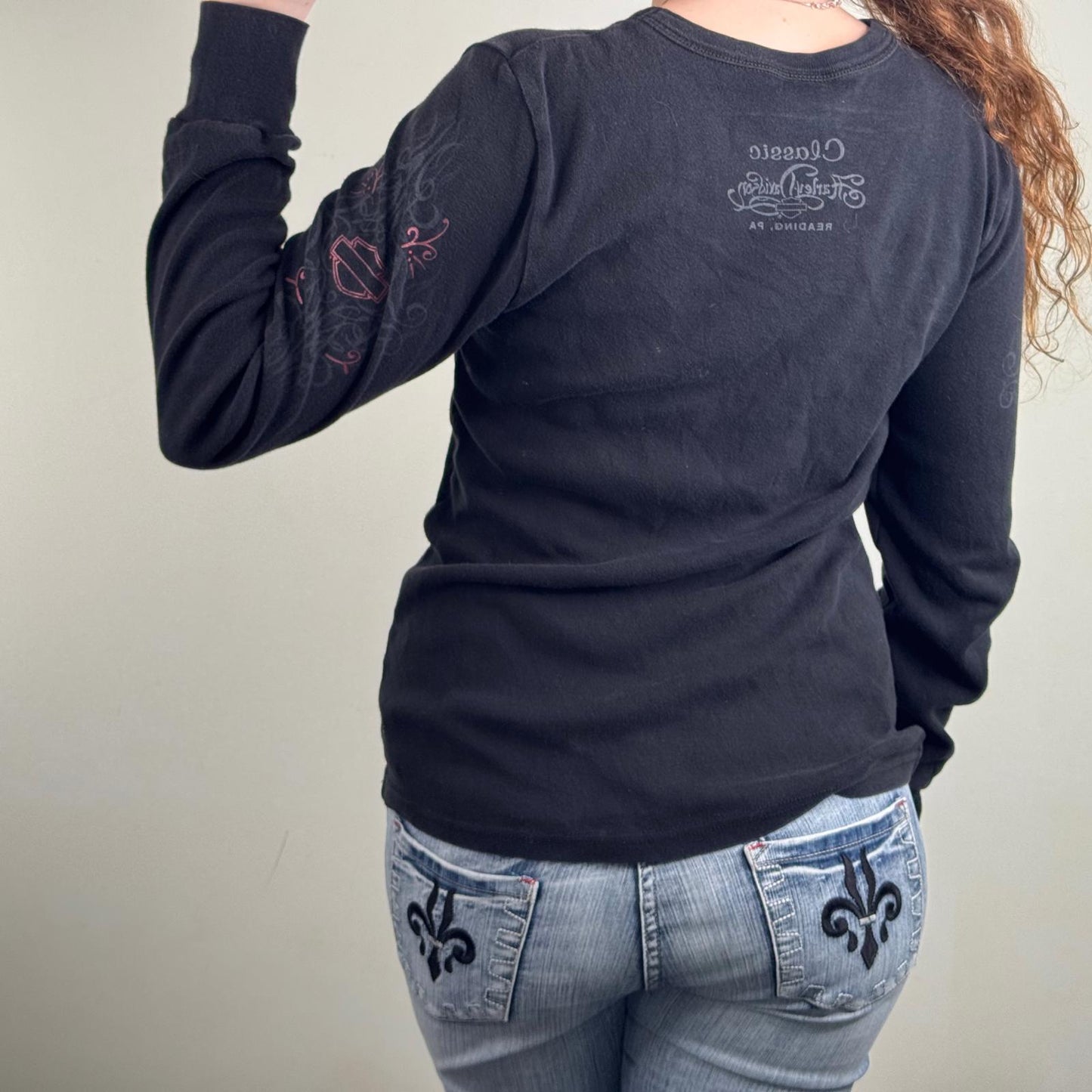 Y2K vintage Harley Davidson long sleeve top filigree tribal wings graphic print