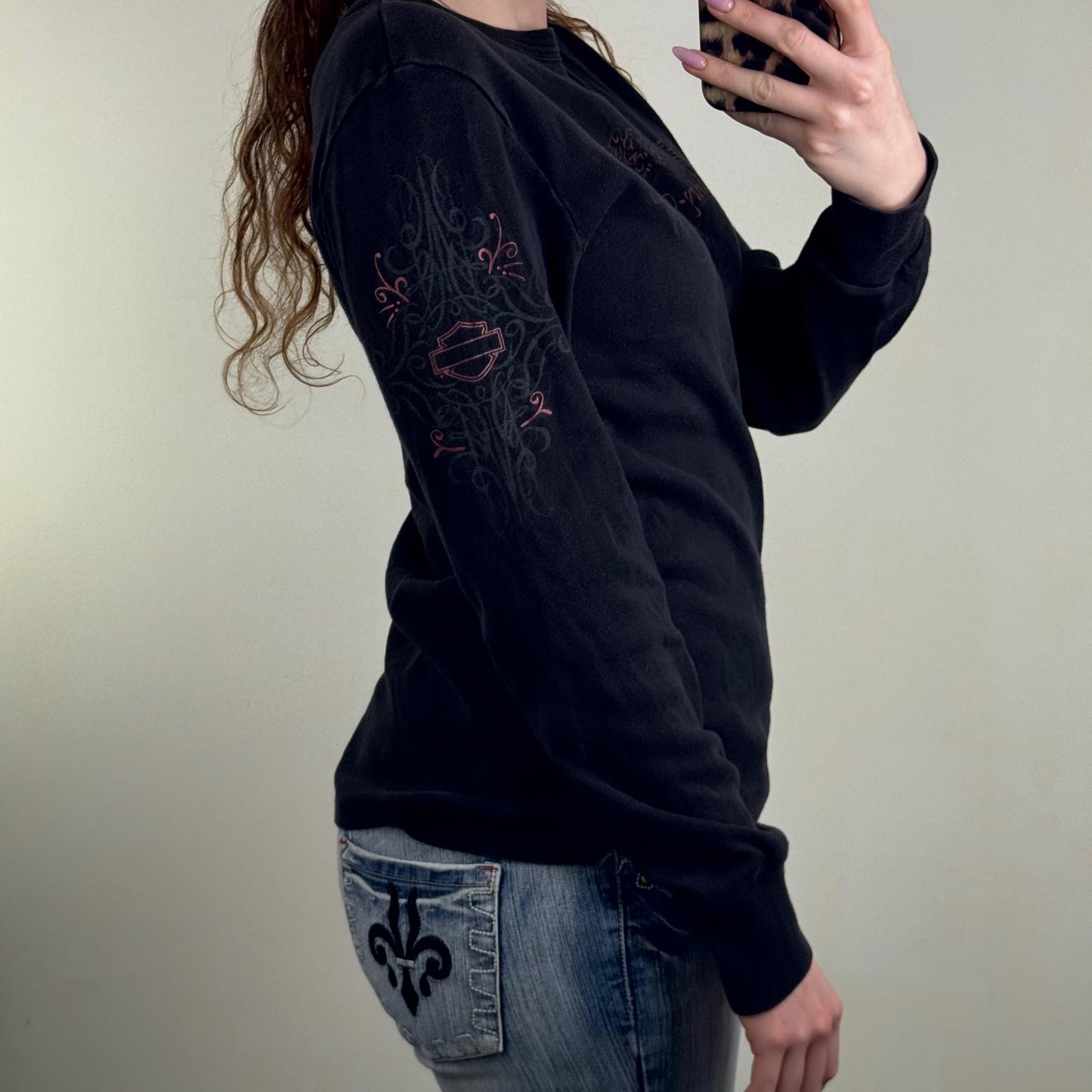 Y2K vintage Harley Davidson long sleeve top filigree tribal wings graphic print