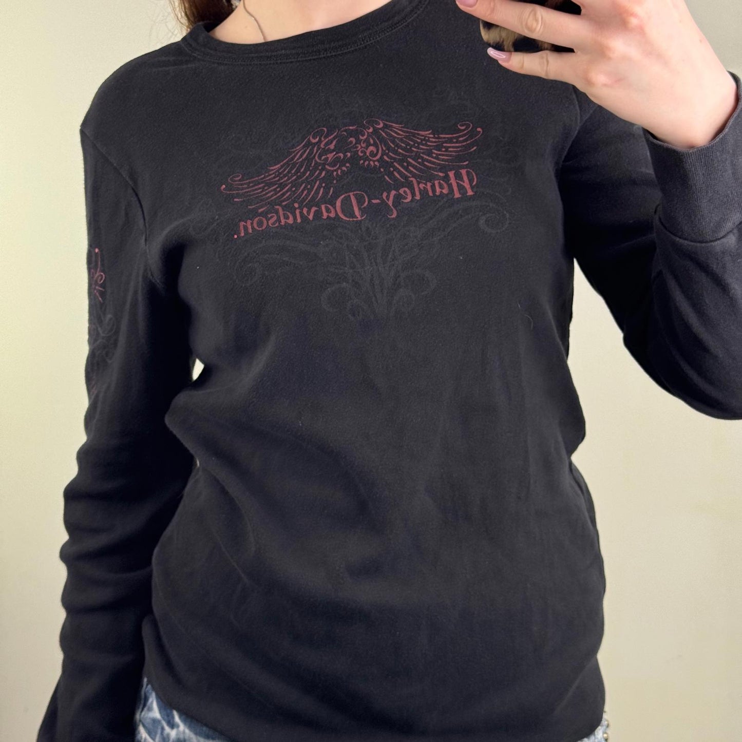 Y2K vintage Harley Davidson long sleeve top filigree tribal wings graphic print