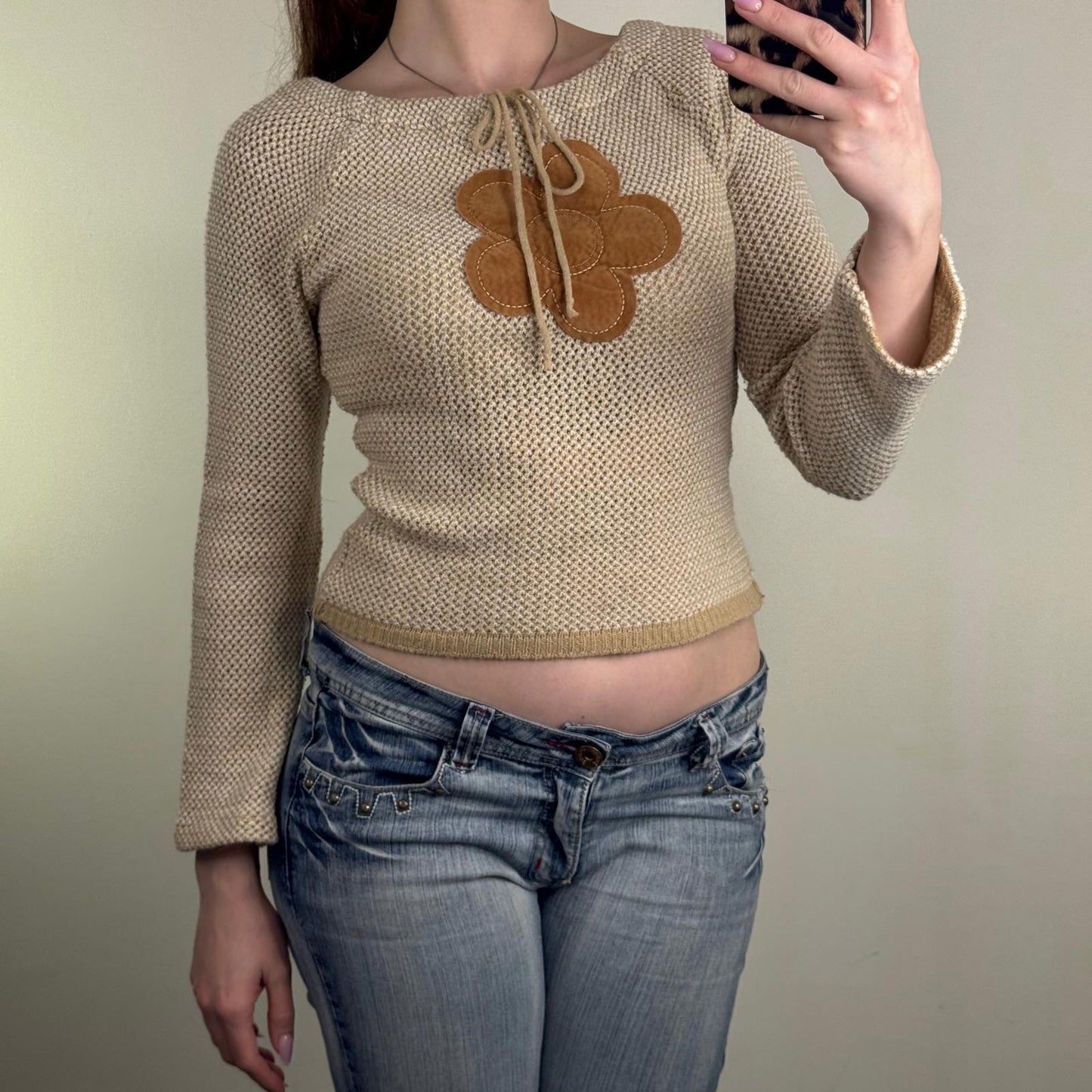 Y2K vintage knit jumper cropped flower bow boho chunky floral beige brown