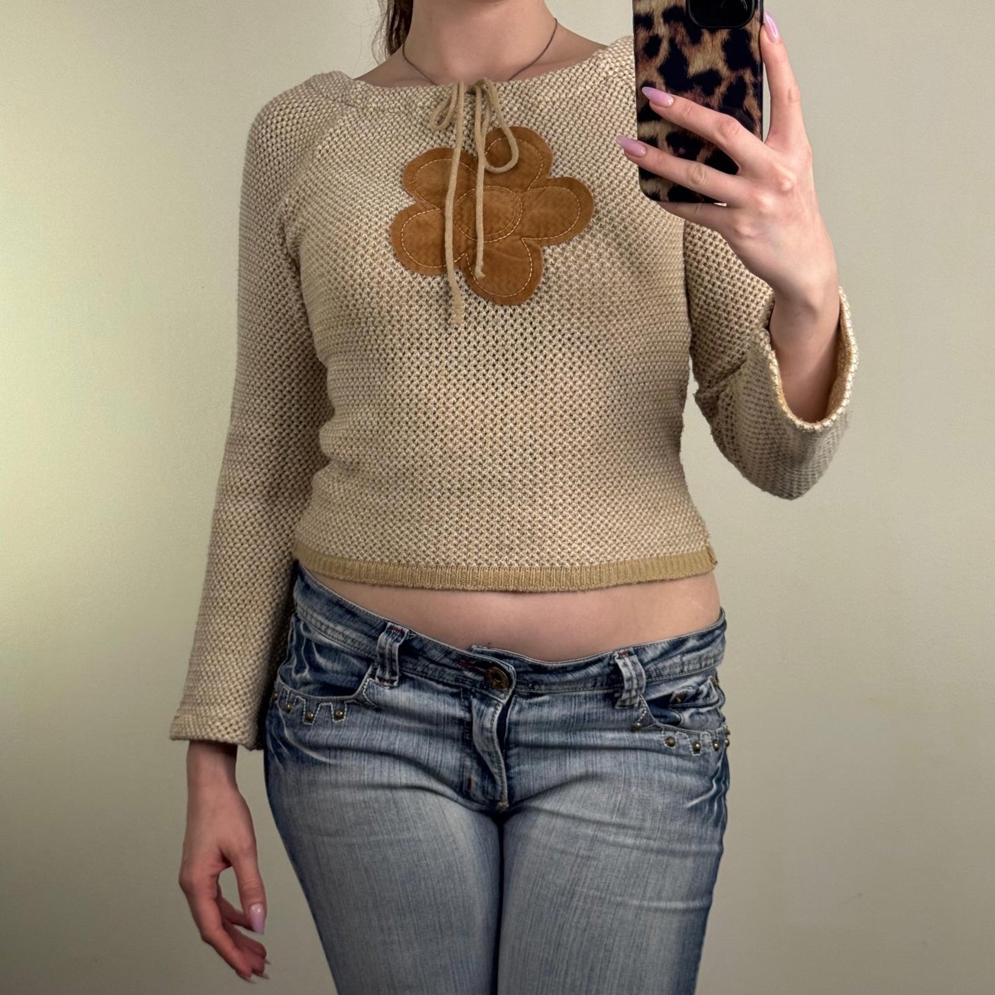 Y2K vintage knit jumper cropped flower bow boho chunky floral beige brown