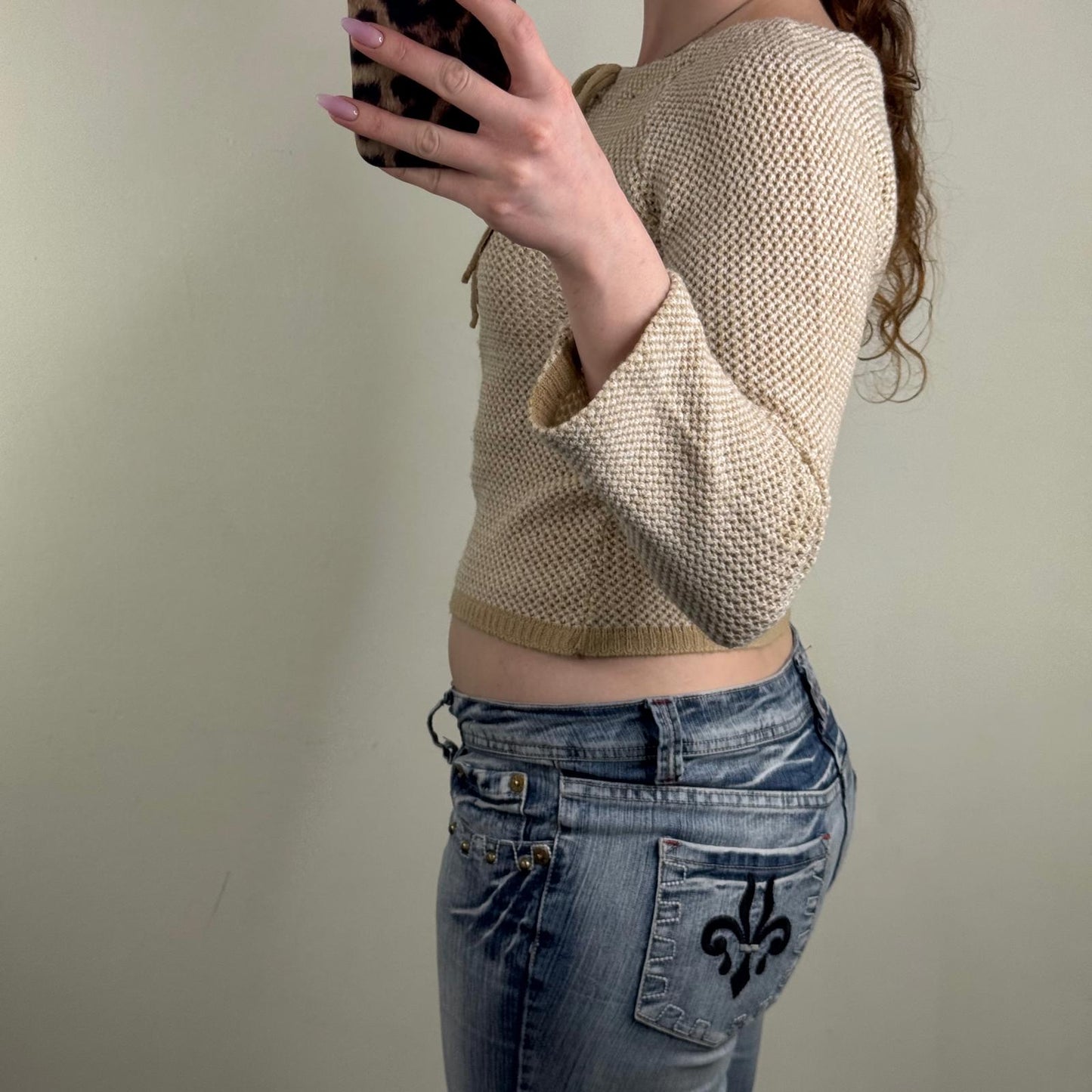 Y2K vintage knit jumper cropped flower bow boho chunky floral beige brown