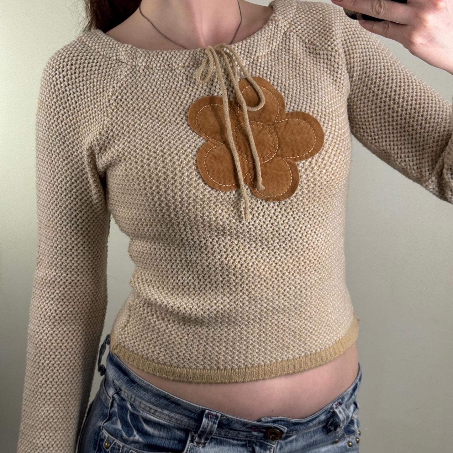 Y2K vintage knit jumper cropped flower bow boho chunky floral beige brown