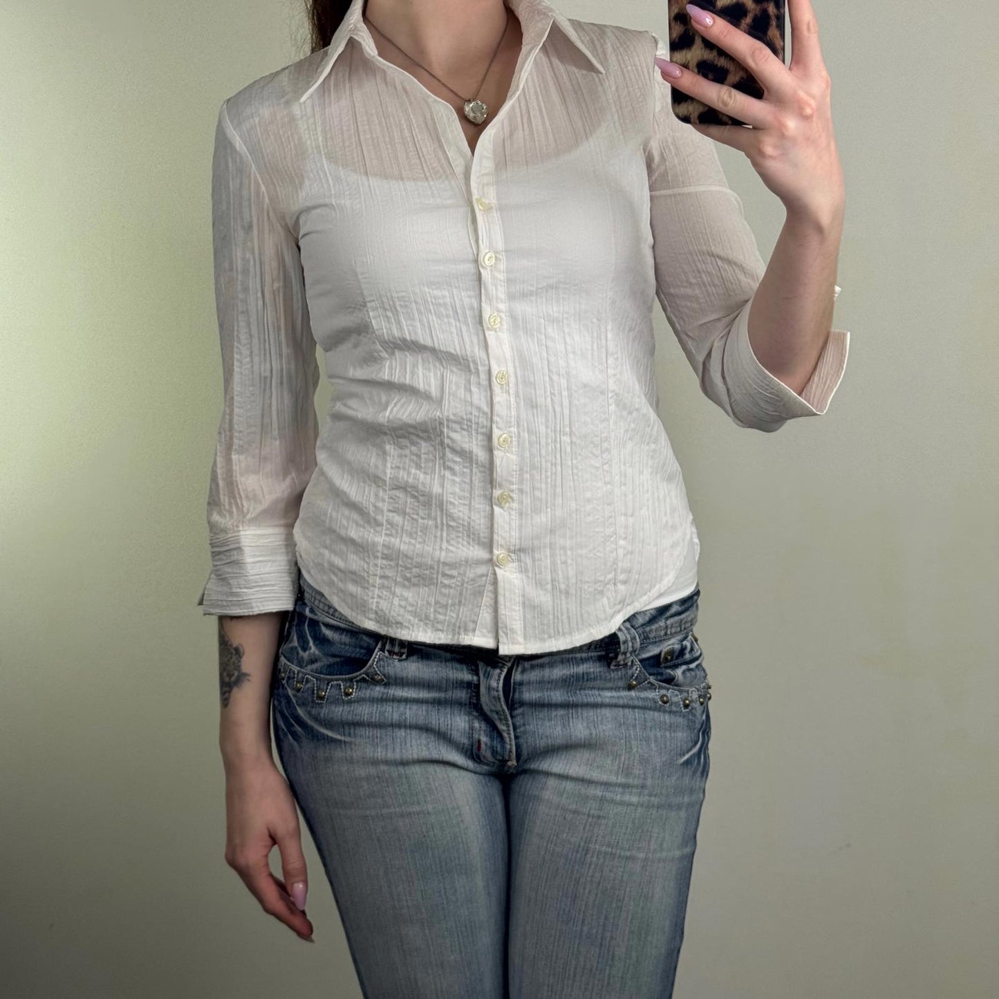 Y2K vintage Bay blouse 3/4 sleeve sheer button up stretchy stripe crinkle shirt