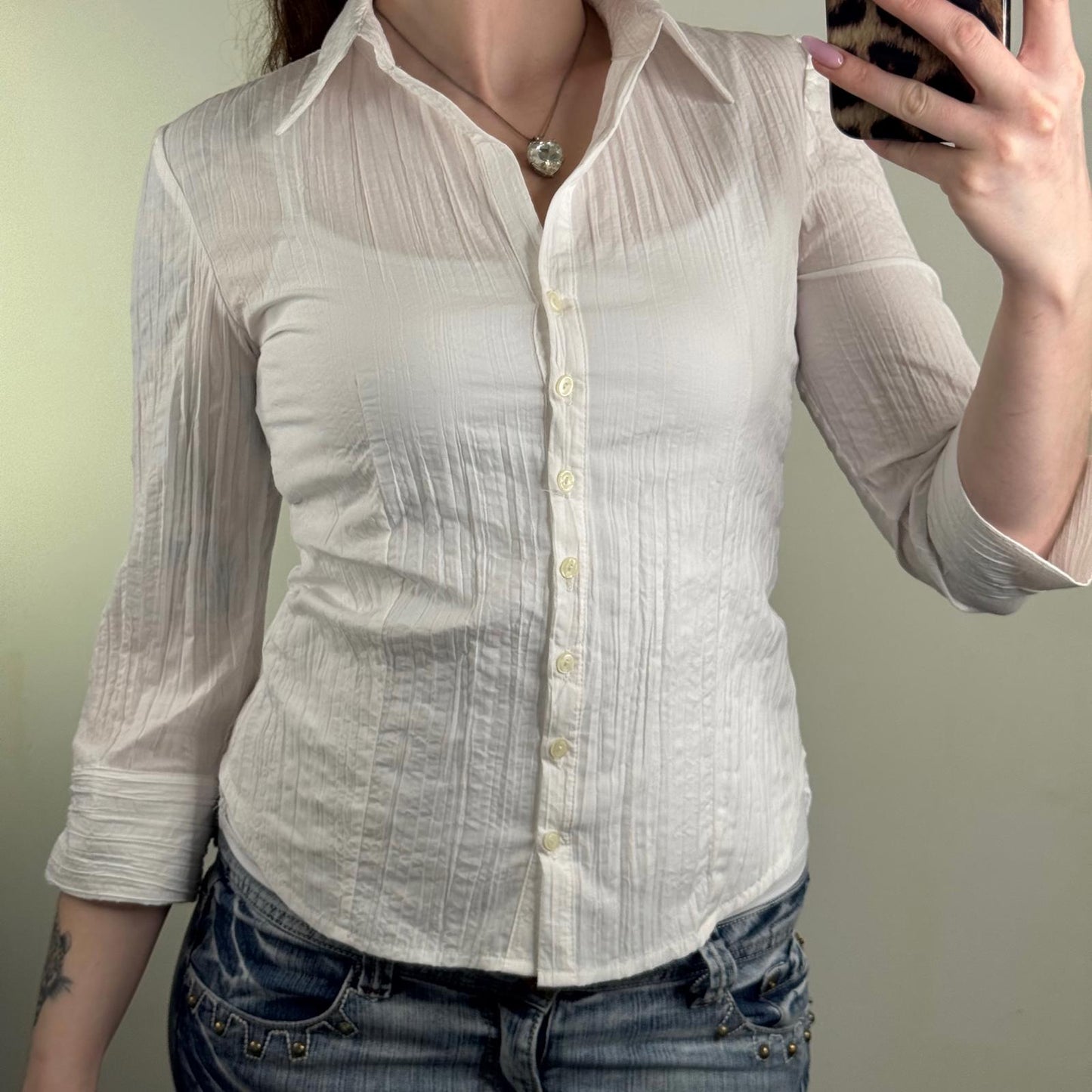 Y2K vintage Bay blouse 3/4 sleeve sheer button up stretchy stripe crinkle shirt