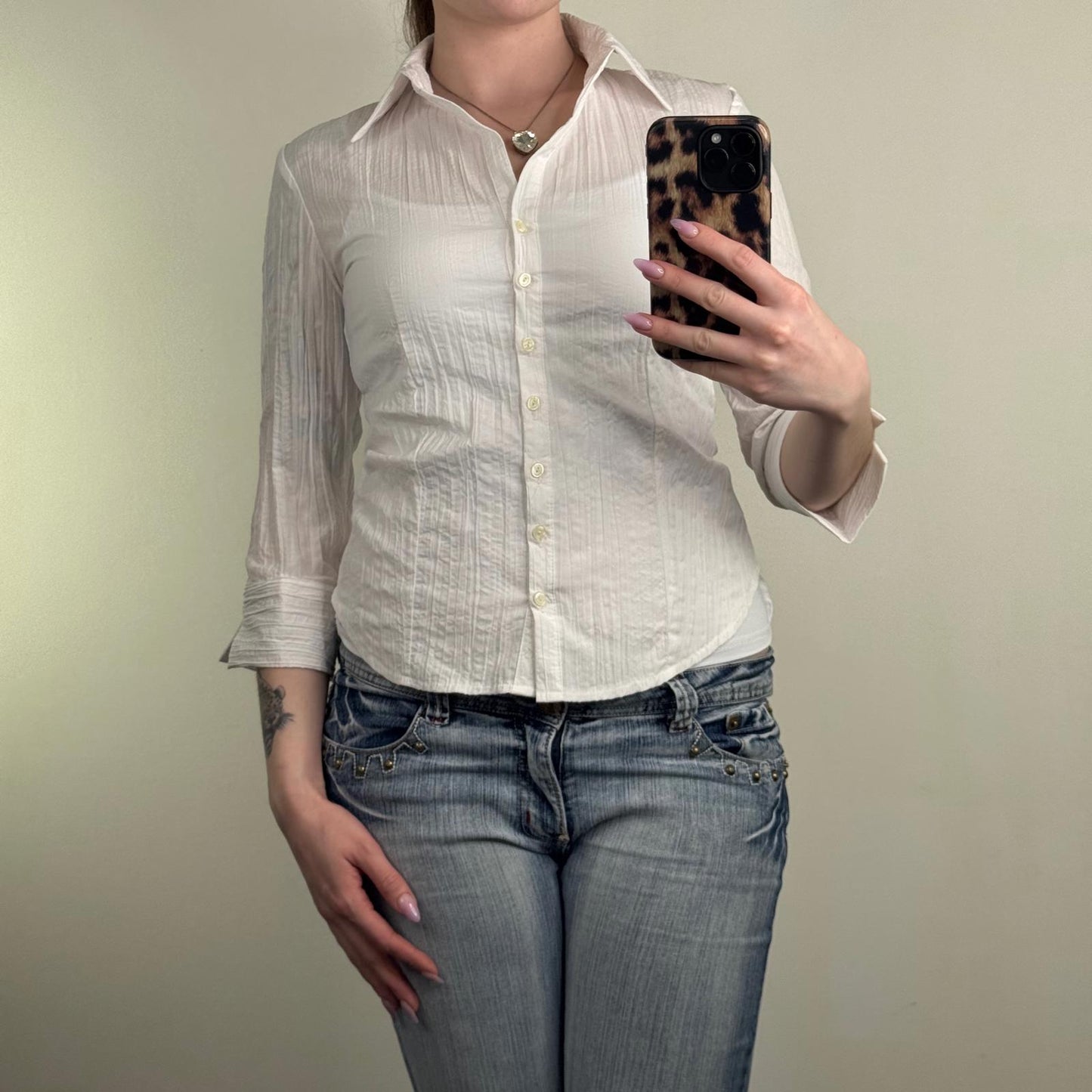 Y2K vintage Bay blouse 3/4 sleeve sheer button up stretchy stripe crinkle shirt