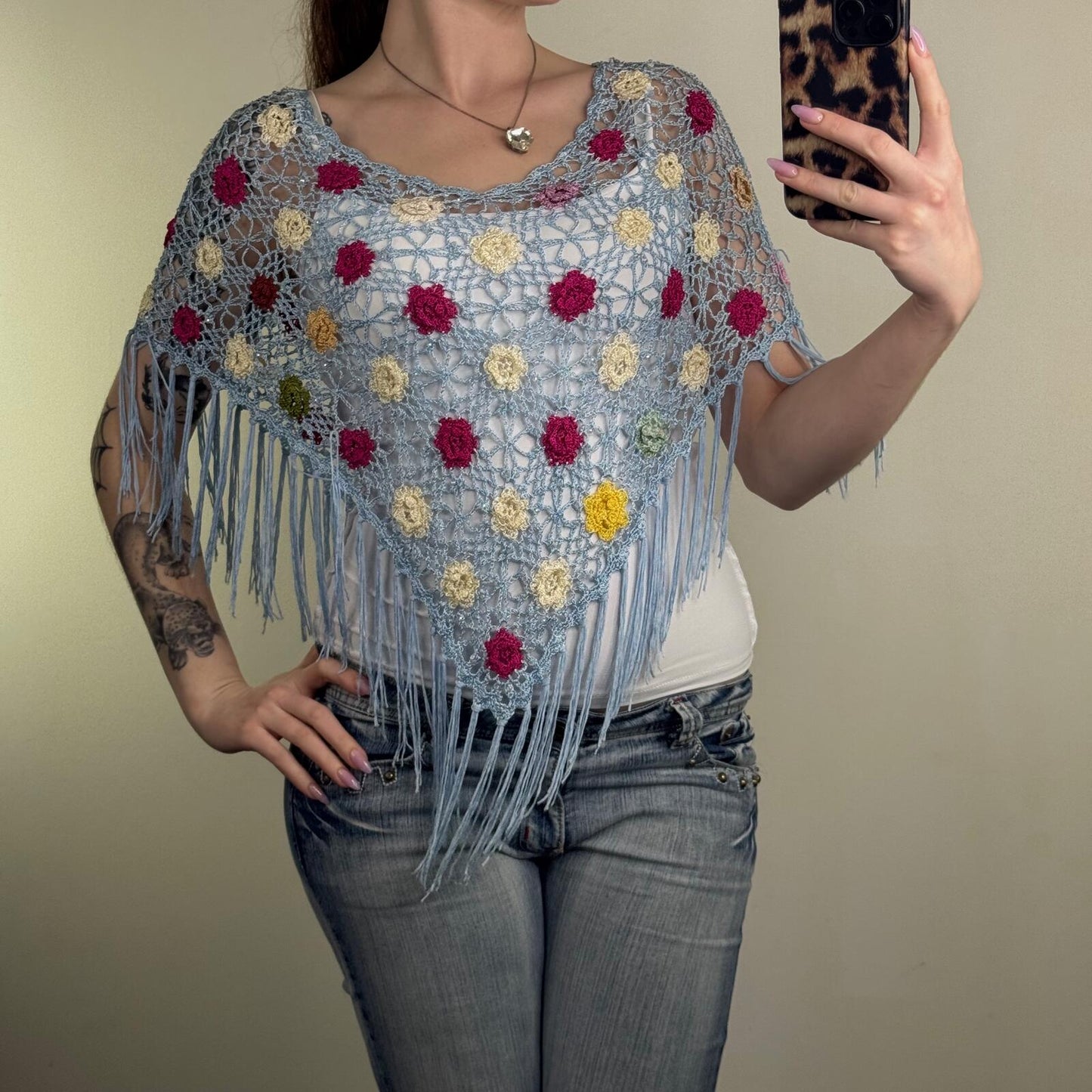 Y2K vintage crochet knit cover up cape poncho beach fringe summer sheer v hem