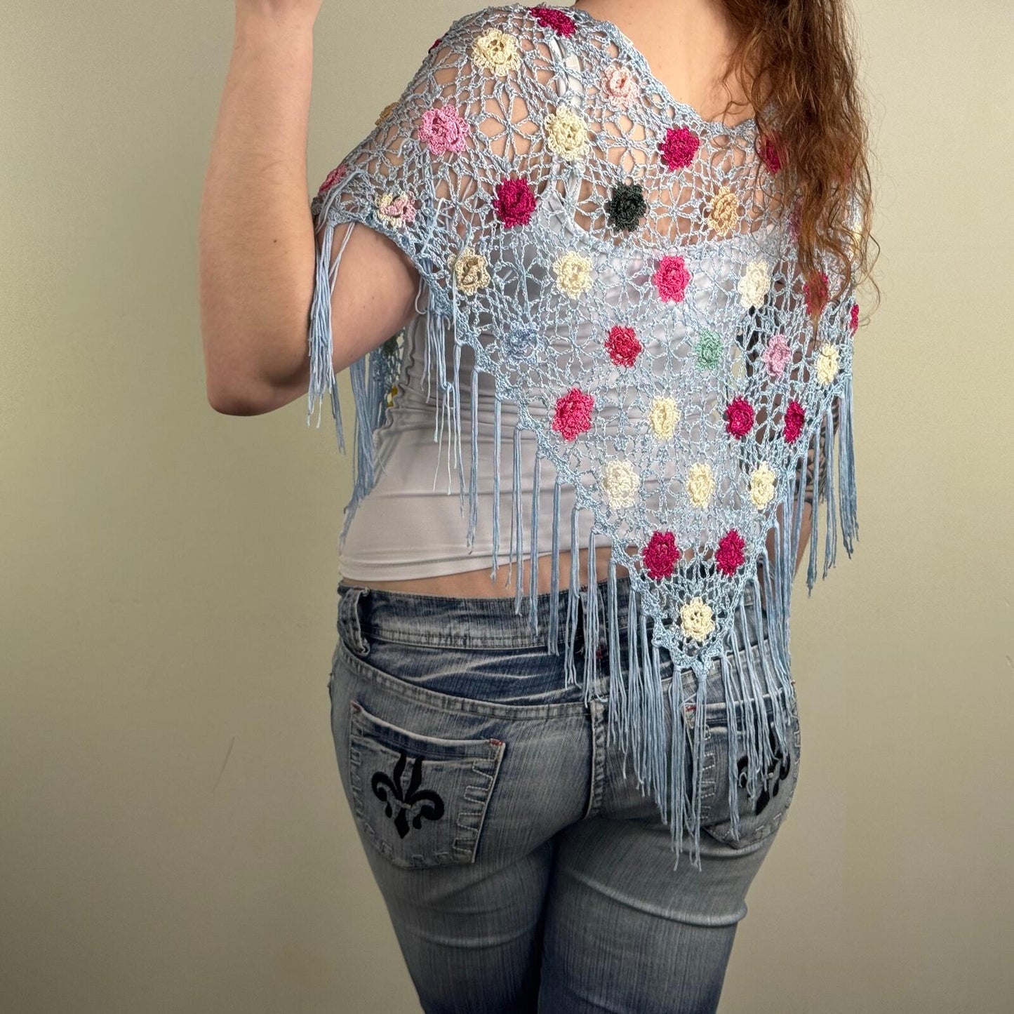 Y2K vintage crochet knit cover up cape poncho beach fringe summer sheer v hem