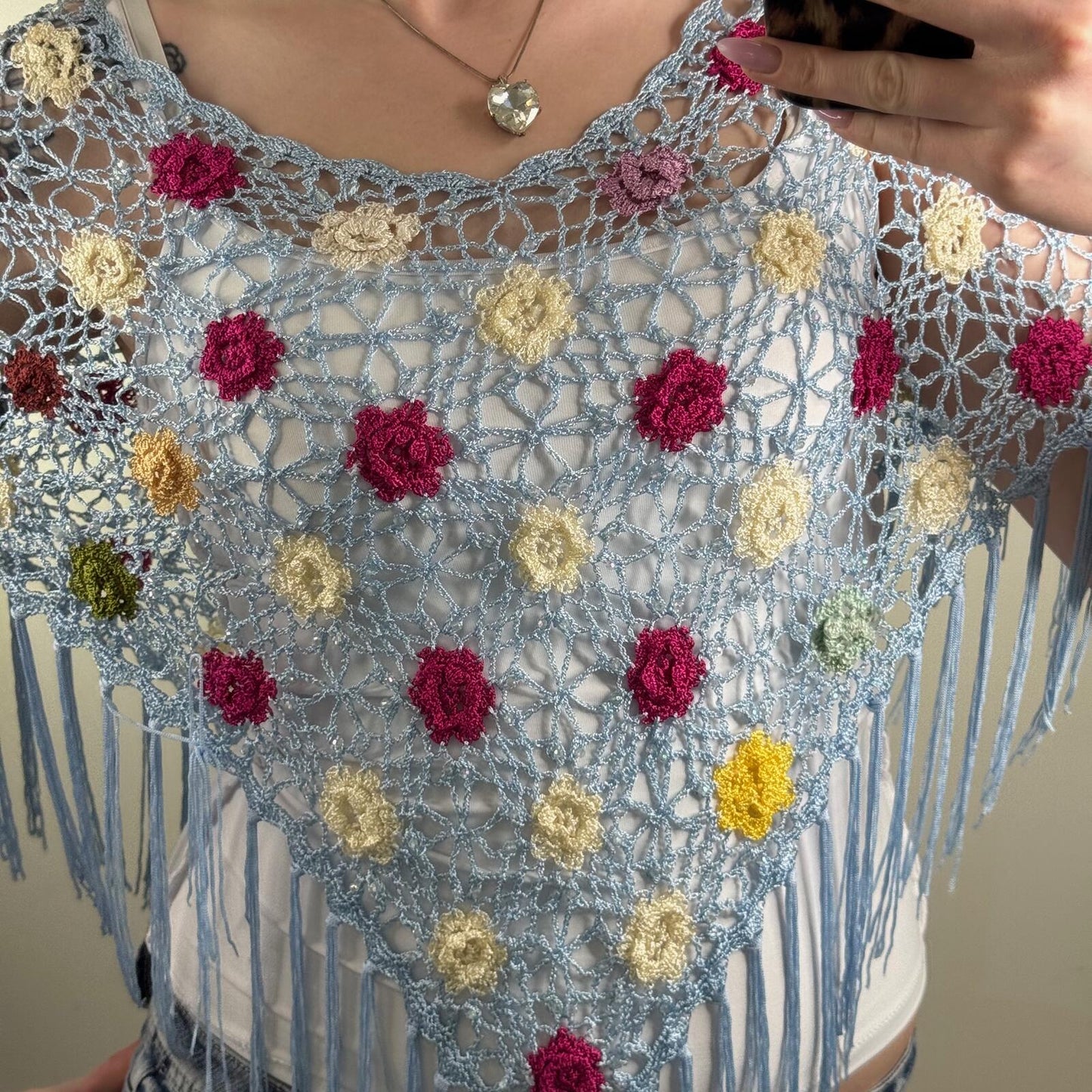 Y2K vintage crochet knit cover up cape poncho beach fringe summer sheer v hem