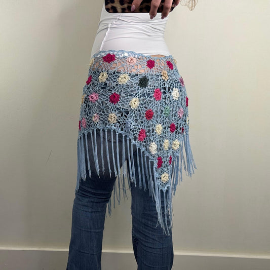 Y2K vintage crochet knit cover up cape poncho beach fringe summer sheer v hem