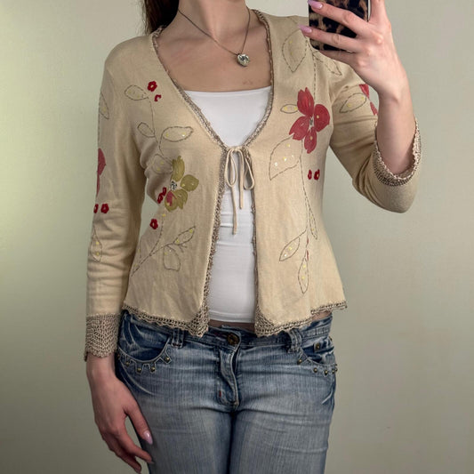 Y2K vintage cardigan tie front floral crochet sequin v neck 3/4 sleeve bow