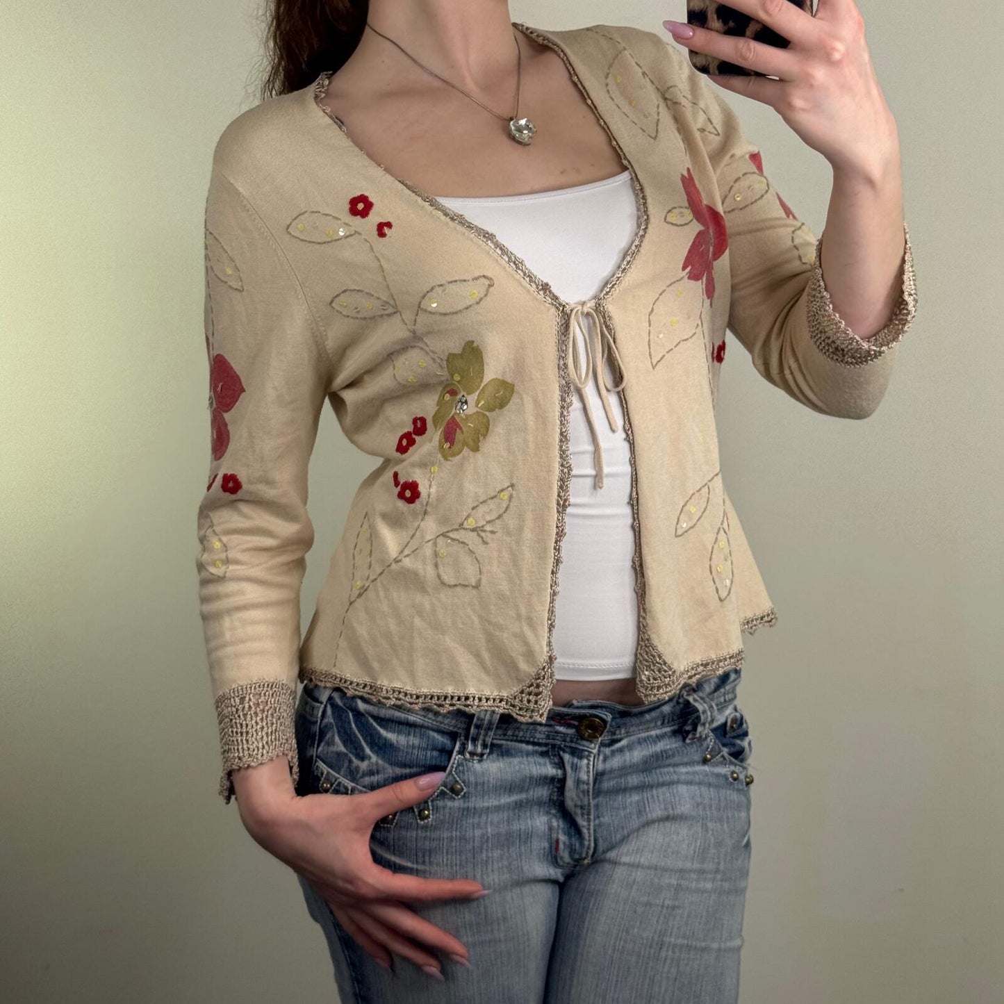 Y2K vintage cardigan tie front floral crochet sequin v neck 3/4 sleeve bow