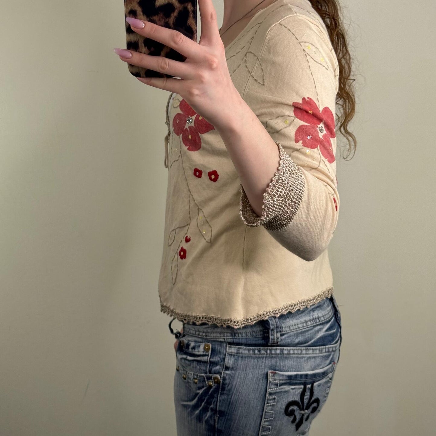 Y2K vintage cardigan tie front floral crochet sequin v neck 3/4 sleeve bow
