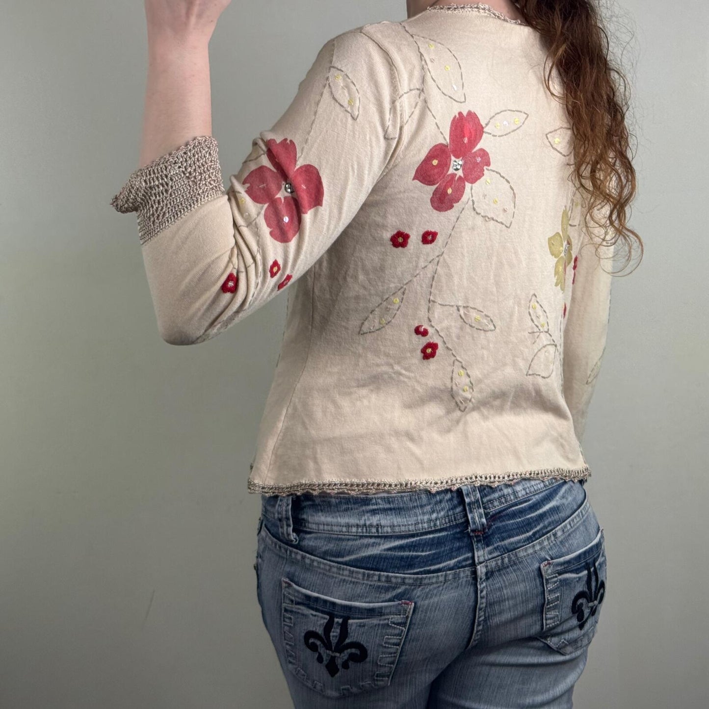 Y2K vintage cardigan tie front floral crochet sequin v neck 3/4 sleeve bow