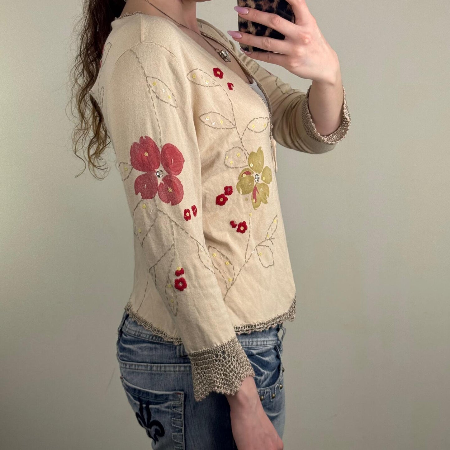 Y2K vintage cardigan tie front floral crochet sequin v neck 3/4 sleeve bow