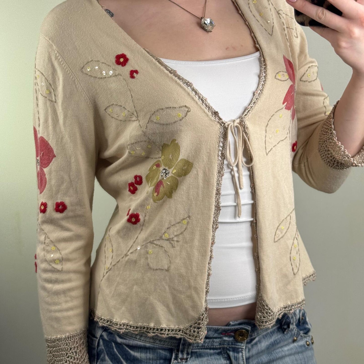 Y2K vintage cardigan tie front floral crochet sequin v neck 3/4 sleeve bow