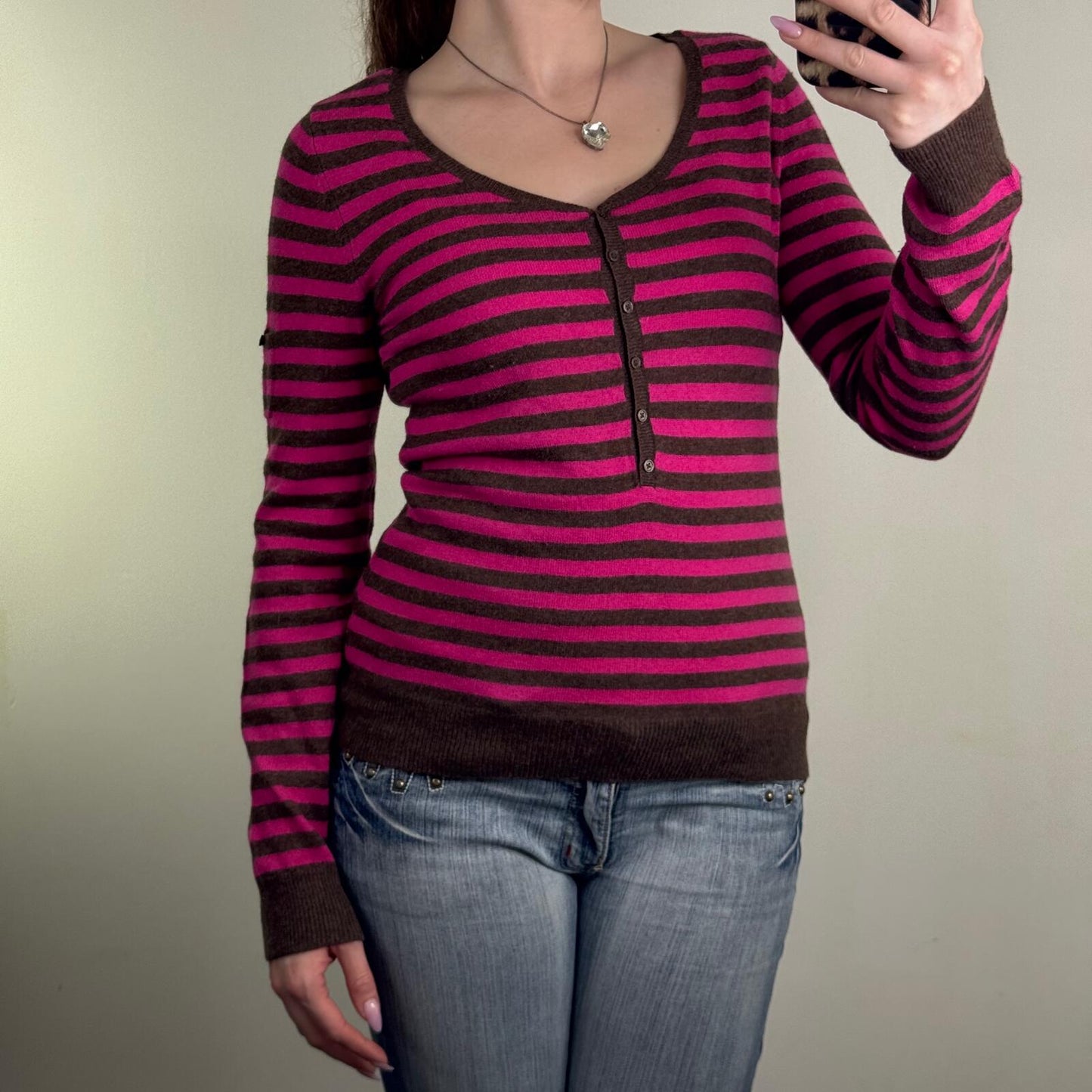 Y2K vintage Gap jumper stripe knit lambswool blend pink brown henley button up
