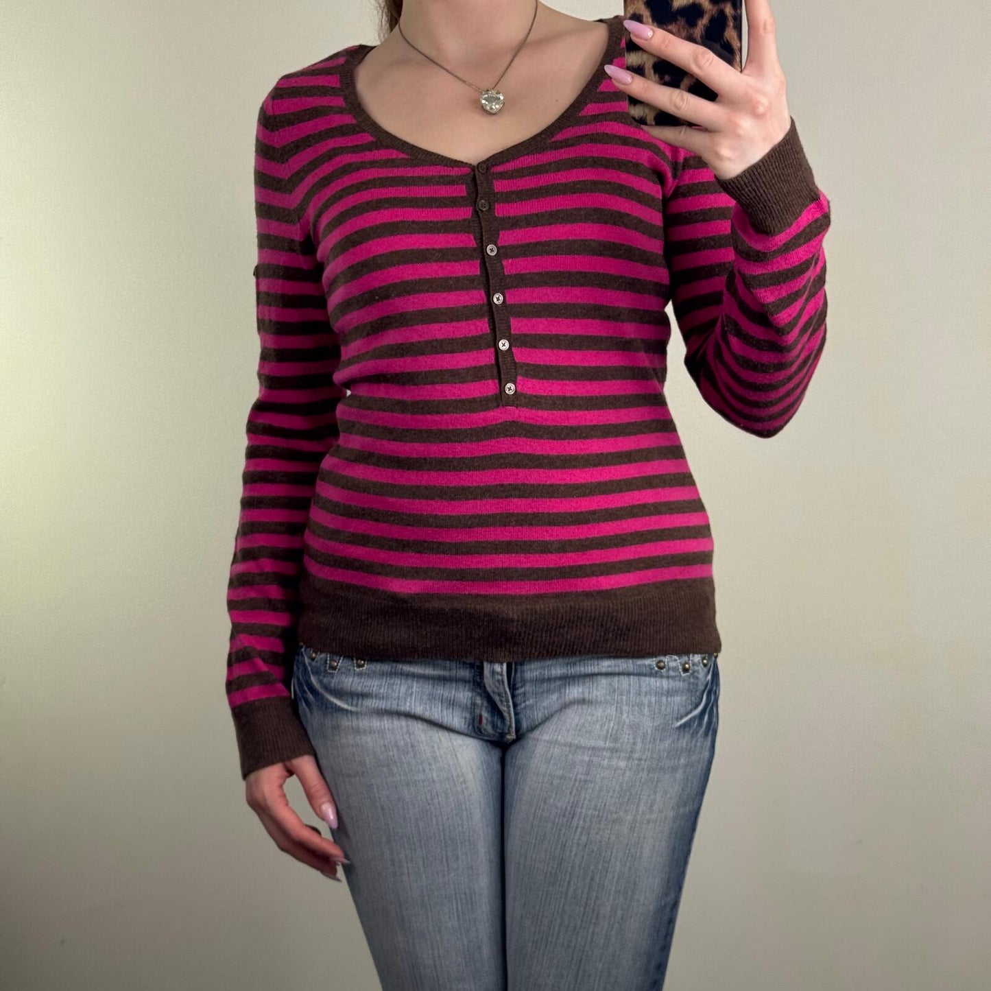 Y2K vintage Gap jumper stripe knit lambswool blend pink brown henley button up