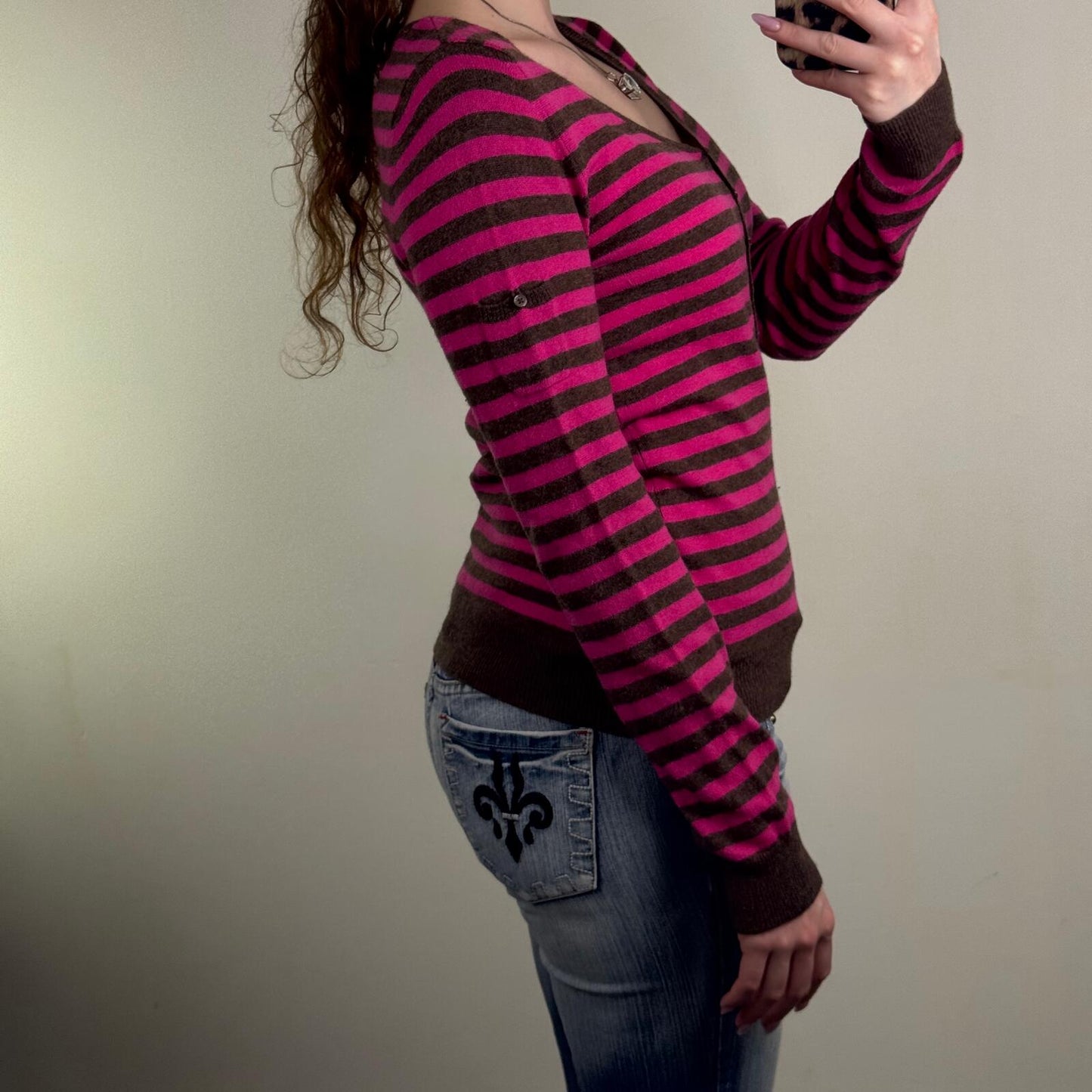 Y2K vintage Gap jumper stripe knit lambswool blend pink brown henley button up